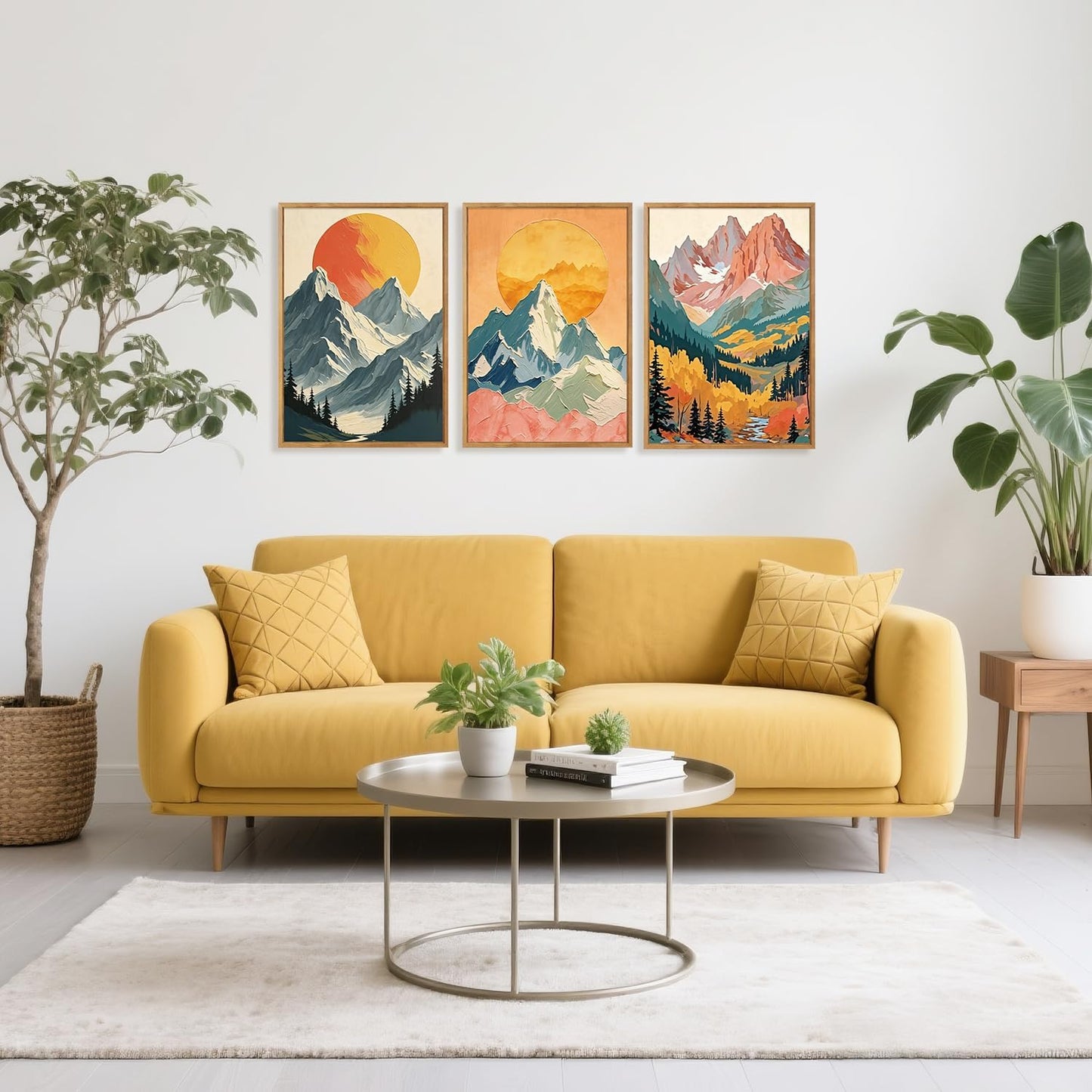 HPNIUB Mountains Forests Framed Canvas Wall Art Set, Abstract Woodland Painting, Boho Scenery Sun Wall Decor, Pretty Grassland River Artwork for Living Room, Bedroom, Dining Room, Office - 16"x24"x3