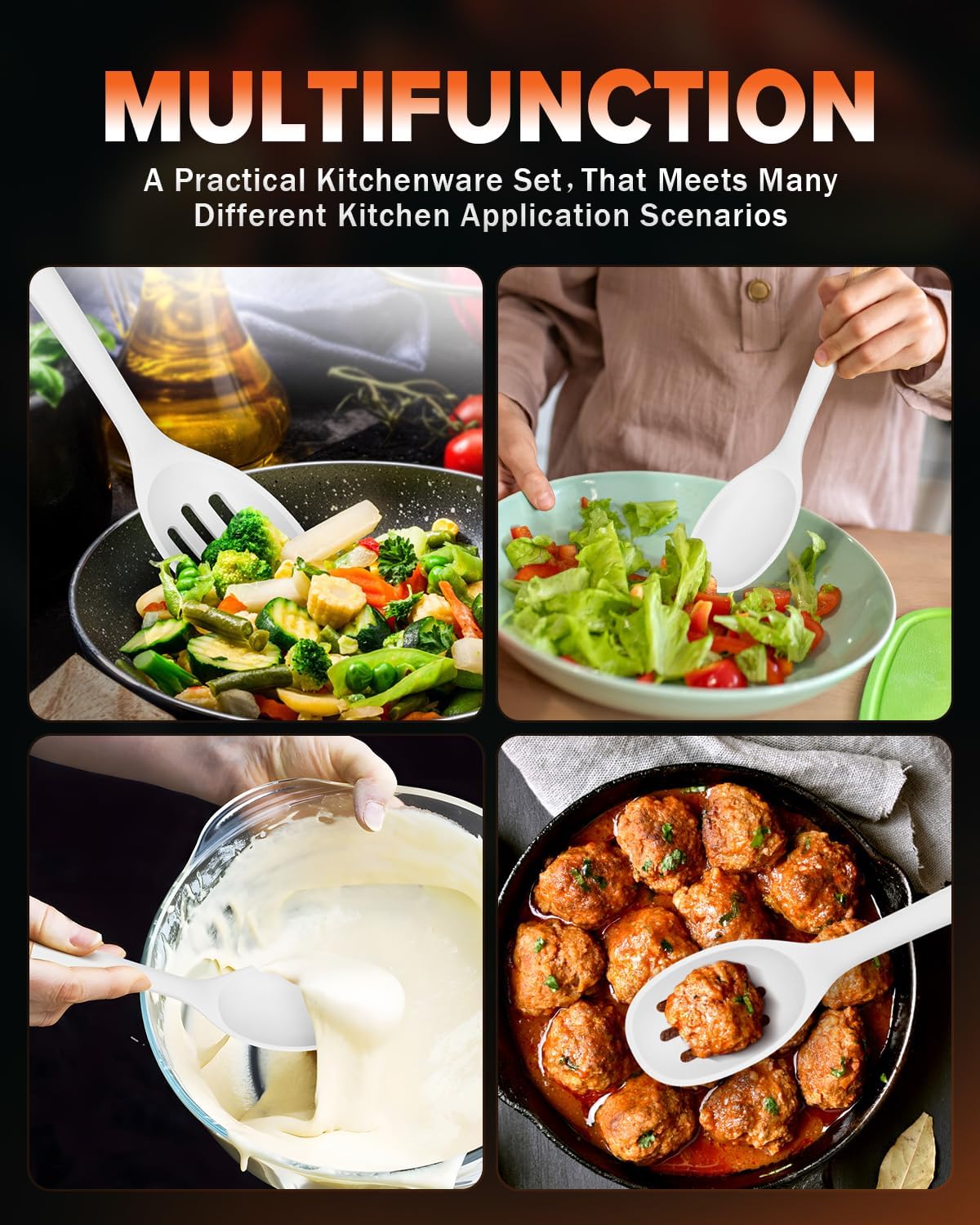 Silicone Cooking Spoons, Great for Scooping Sides and Serving Hearty Stews, BPA-Free Matte Silicone, Wooden Handle Serving Spoon for Nonstick Cooking Surfaces (White)