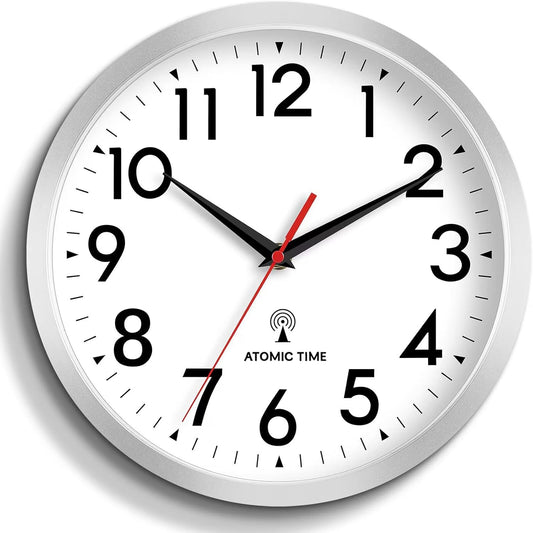 Atomic Wall Clock Analog 10 Inch Battery Operated Modern Decorative for Living Room Kitchen Office Bedroom Bathroom(Silver)