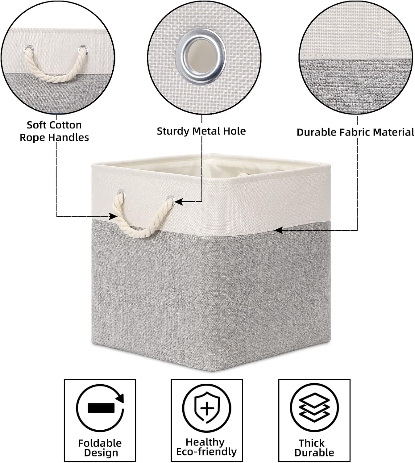 Bidtakay Fabric Basket Set - Large Square Organizer Bins, 13x13, Set of 3, White & Grey