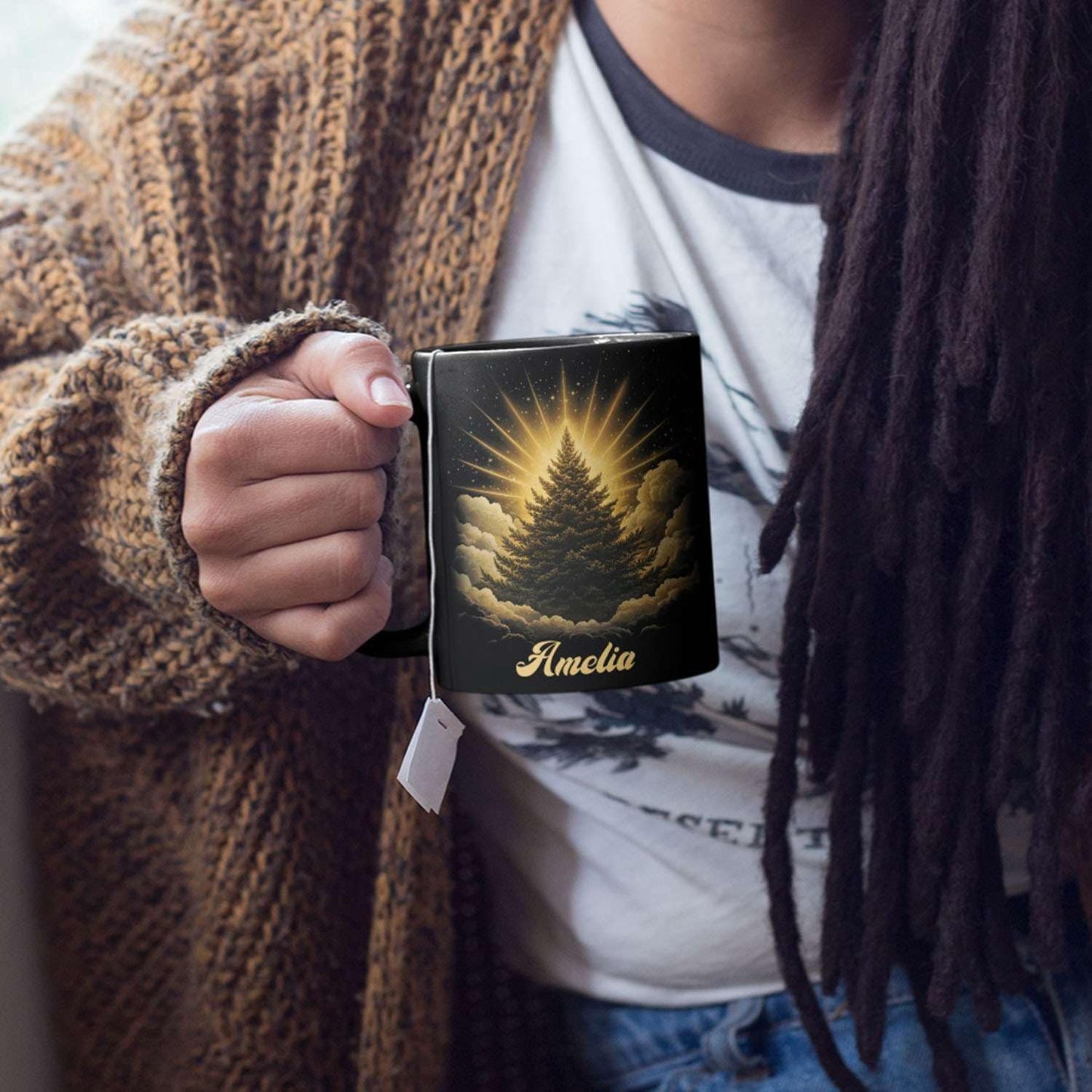 Spiritual Nature Themed Ceramic Cup, Custom Name Coffee Mug 11oz or 15oz, Personalized Pine Tree Black Cup for Christmas, Custom Winter Season Coffee Mug, Gifts for Friends, Family