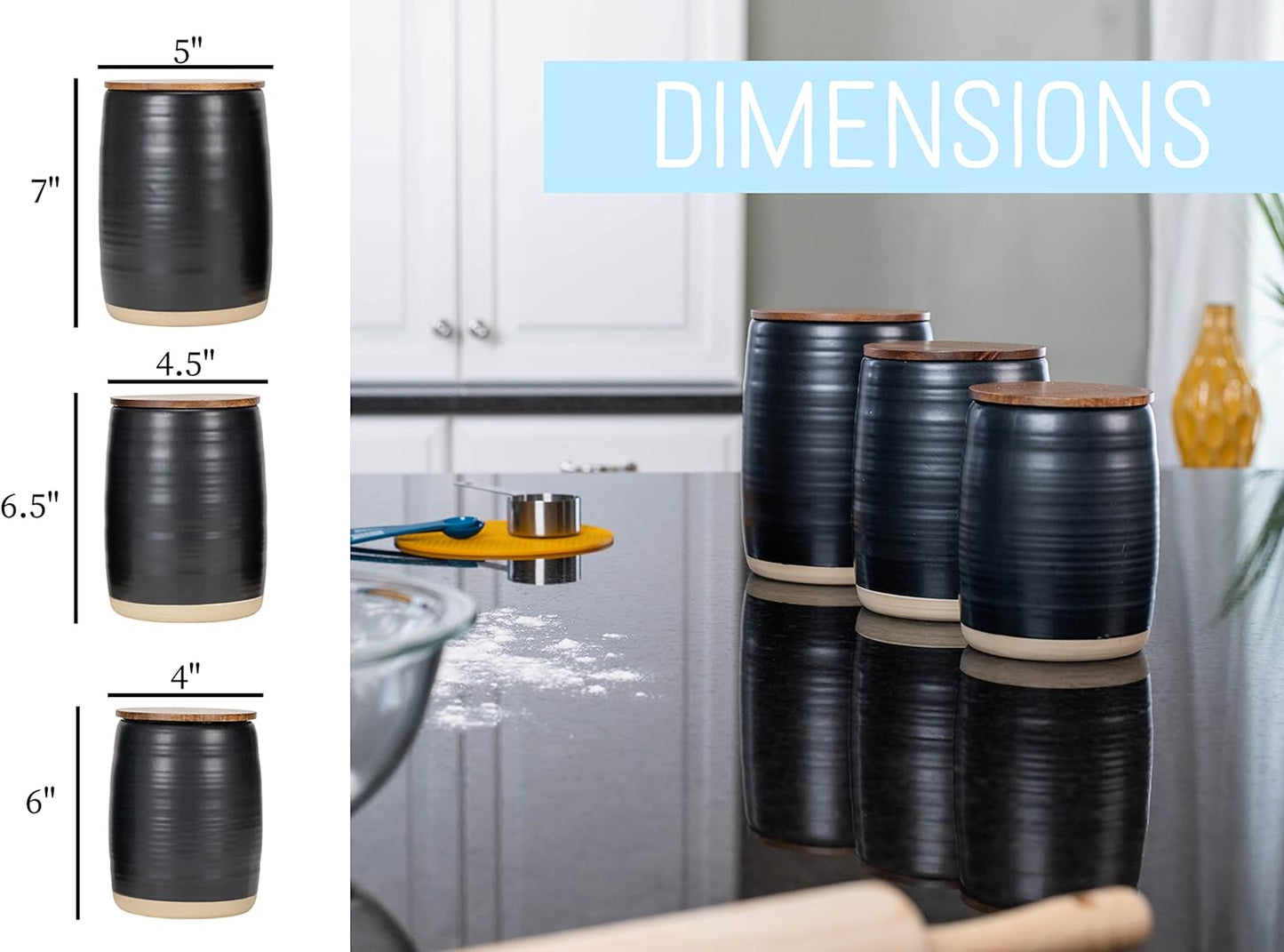 Nat & Jules Lidded Black 6 inch Ceramic and Wood Kitchen Canisters Set of 3