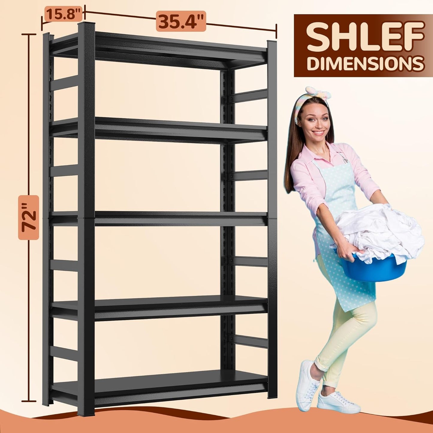 Laundry Shelf,5 Tier Over Washer and Dryer Storage Shelves,Adjustable Easy to Install,Space Saver Laundry Shelf Organizer,Utility Shelves for Balcony,Black,72”H*15.7”D*35.4“W