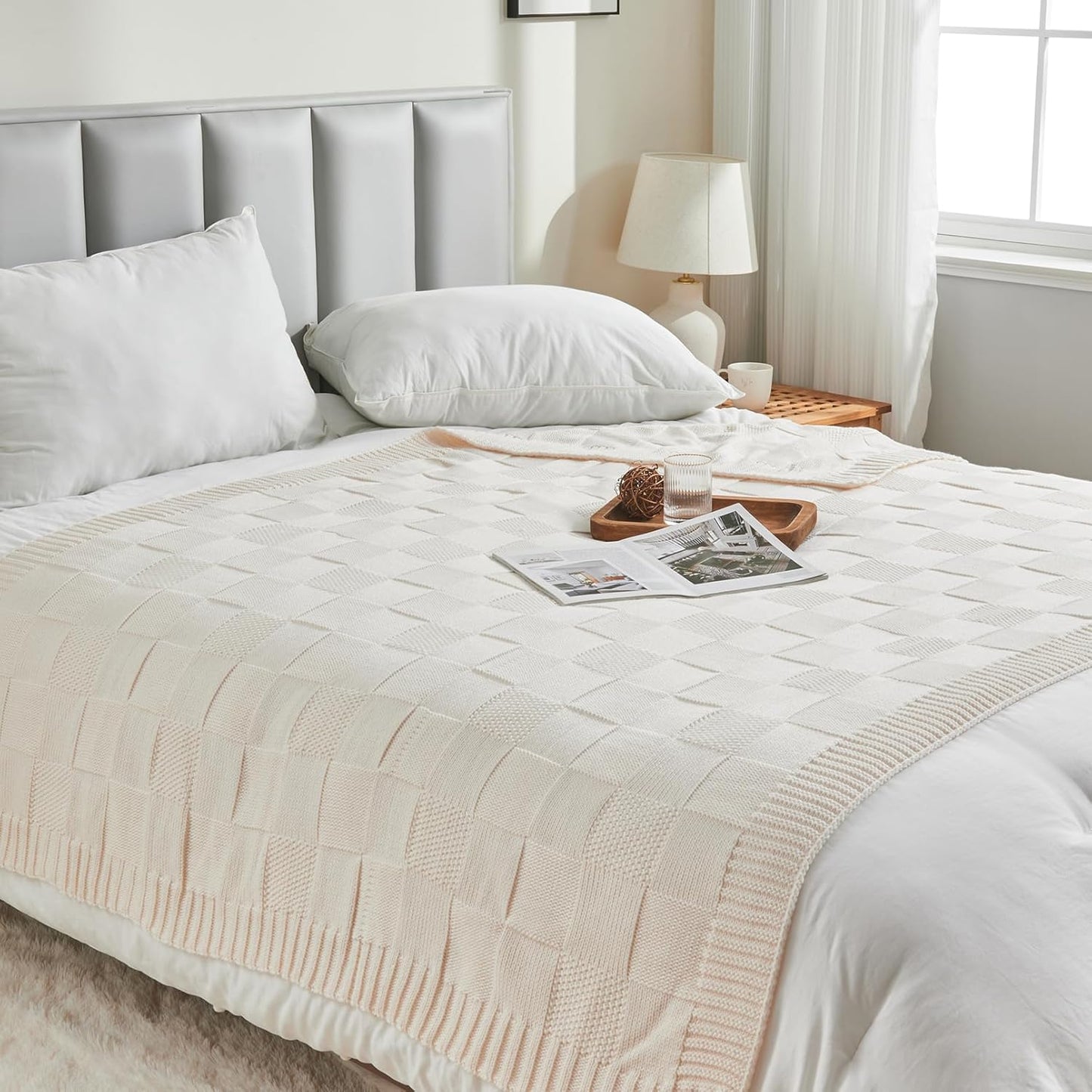 CozeCube Check Knit Throw Blanket, Cream White Checkered Throw for Couch, Decorative Christmas Soft Cozy Warm Knitted Blanket for Bed Sofa Living Room, 60"X80"