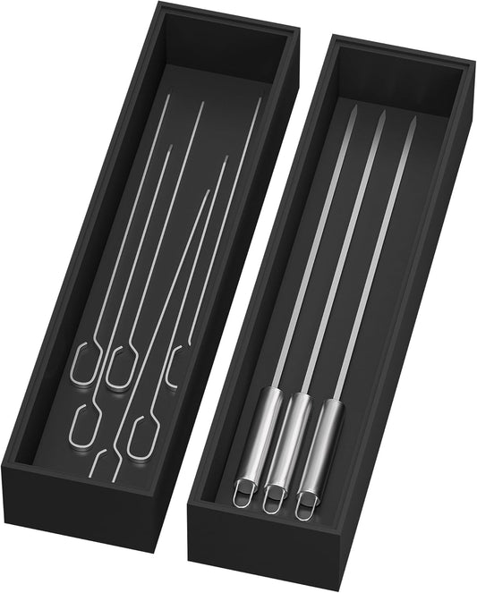 Bamboo Drawer Organizer, Narrow Silverware Organizer for Kitchen, Stackable Utensil Organizer, 2 Pcs Flatware Organizer, Wooden Storage Box Tray (Black, 12 X 3 X 2 Inch)