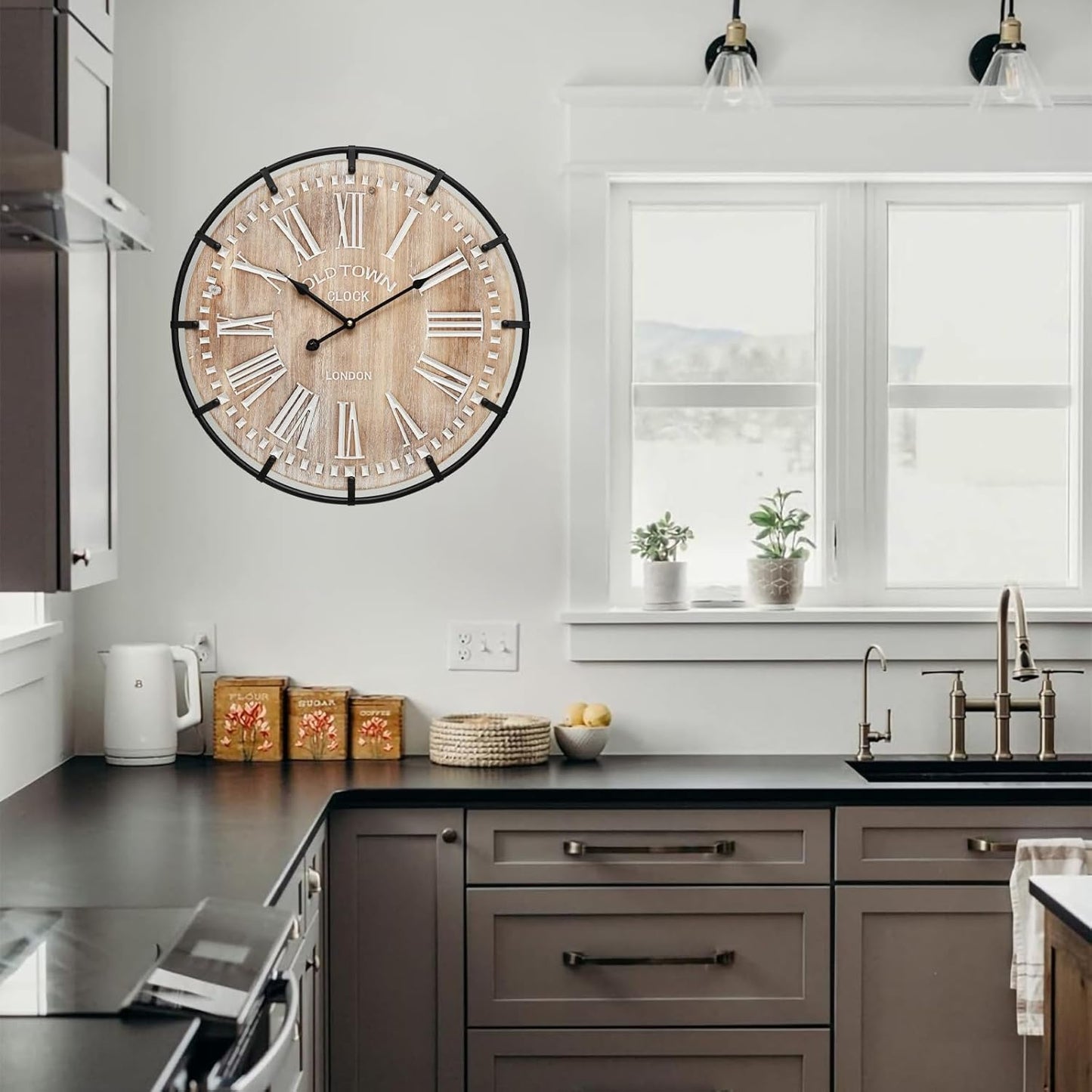 20 Inch Grand Farmhouse Wall Clock, Vintage-Inspired Wood & Metal Design with Large Etched Numbers, Silent Battery-Powered Timepiece for Offices, Kitchens, Bedrooms, and Living Rooms