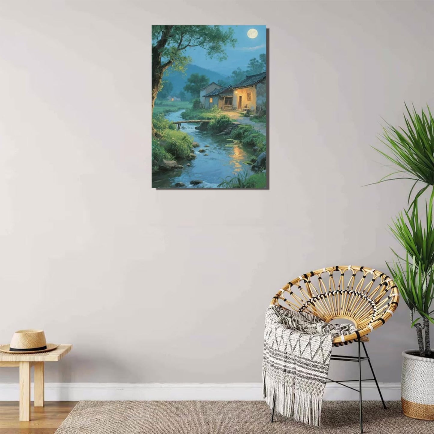 Moonlight under the big tree creek cabin scenery is suitable for posting in the living room bedroom office scenery poster wall painting
