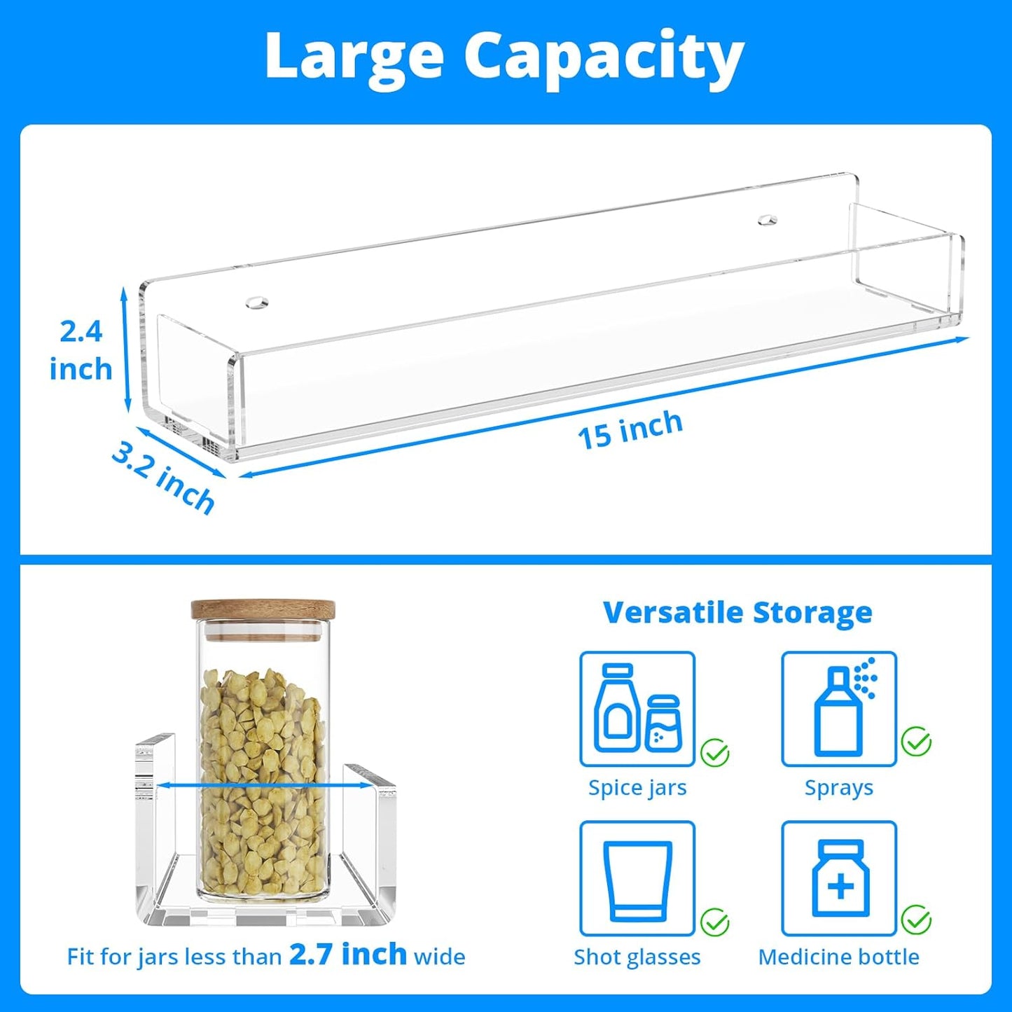 NIUBEE Wall Mounted Spice Rack Organizer,3 Pack Clear Acrylic Spice Shelf Storage Holder,Hanging Seasoning Rack Organizer for Wall Kitchen Pantry Cabinet Door