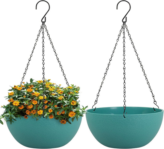 13 inch Large Hanging Planters Plant Pots for Outdoor Indoor Plants with Drainage Holes and Chain, 2 Pack Round Hanging Flower Pots for Garden Home Porch Decor, Blue Green