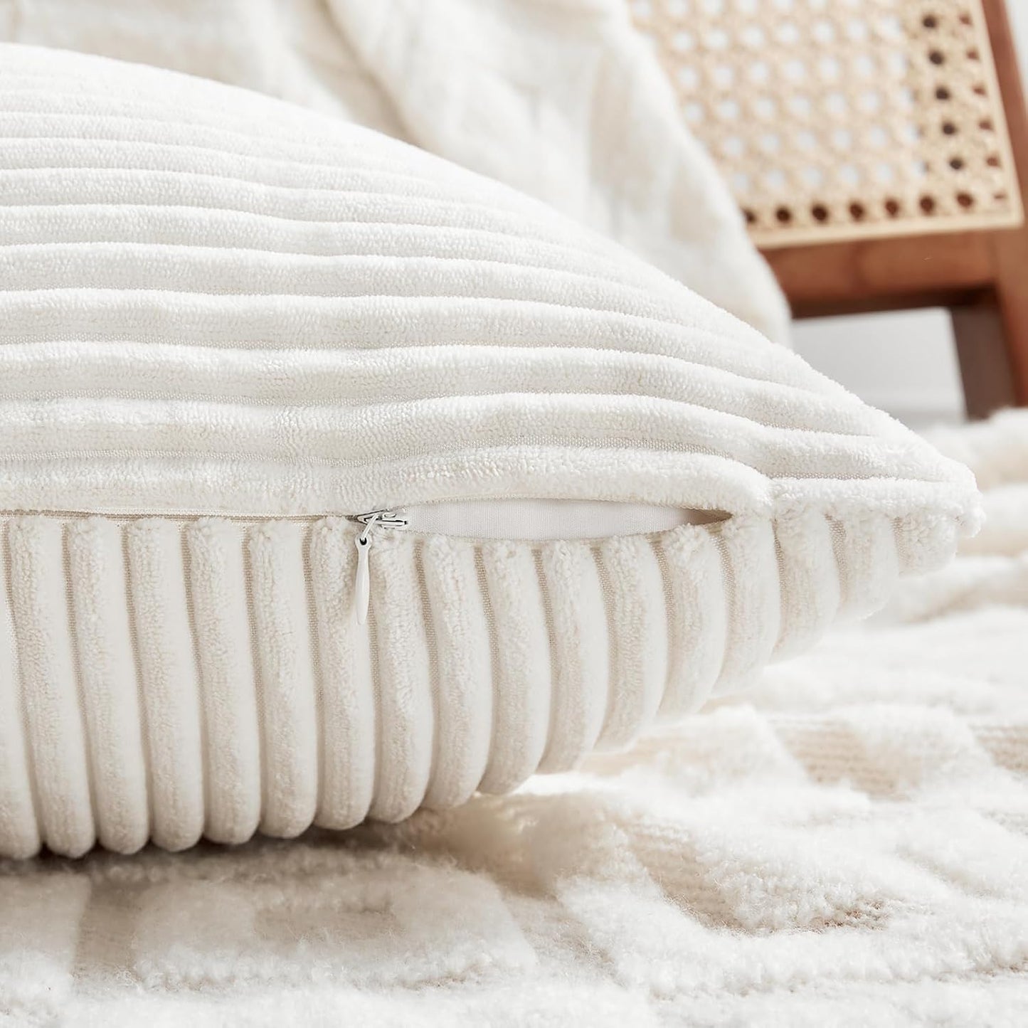 Fancy Homi 2 Packs Cream White Big Decorative Throw Pillow Covers 24x24 Inch for Living Room Couch Bed, Farmhouse Boho Home Decor, Soft Corss Corduroy Patchwork Accent Square Cushion Case 60x60 cm