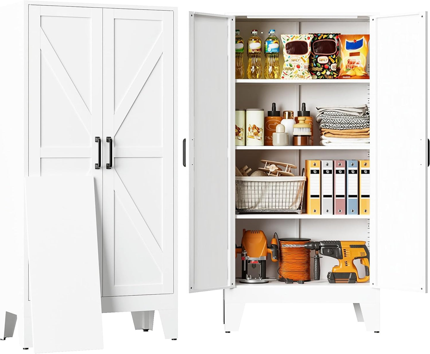 SISESOL Metal Storage Cabinet with 2 Doors and 3 Shelves,White Pantry Storage Cabinet with Legs,Farmhouse Pantry Cabinets Cupboard,Bathroom Cabinets for Home,Kitchen,Dining/Living Room (47.3" H)