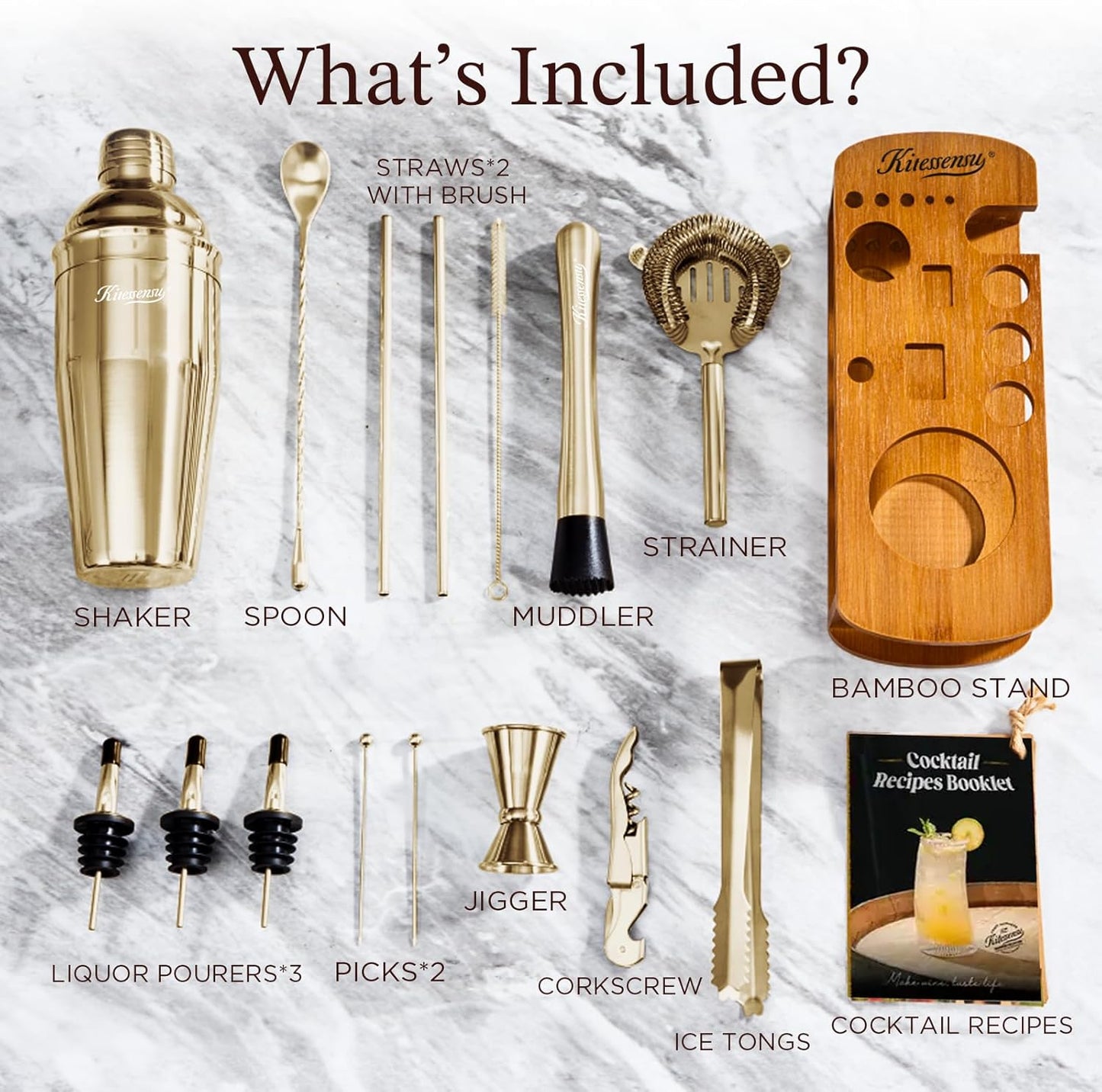 KITESSENSU Cocktail Shaker Set Bartender Kit with Stand | Bar Set Drink Mixer Set with All Essential Accessory Tools: Martini Shaker, Jigger, Strainer, Mixer Spoon, Muddler |Champagne Gold