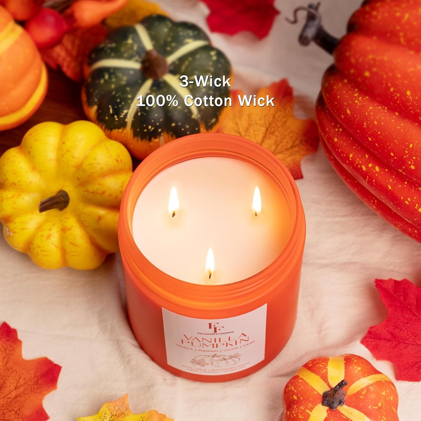 Large Fall Candle Vanilla Pumpkin Scented, 3-Wick 22oz Long Lasting Scented Candle, Natural Soy Wax Aromatherapy Candle for Home, Autumn Candle Gifts for Women Men