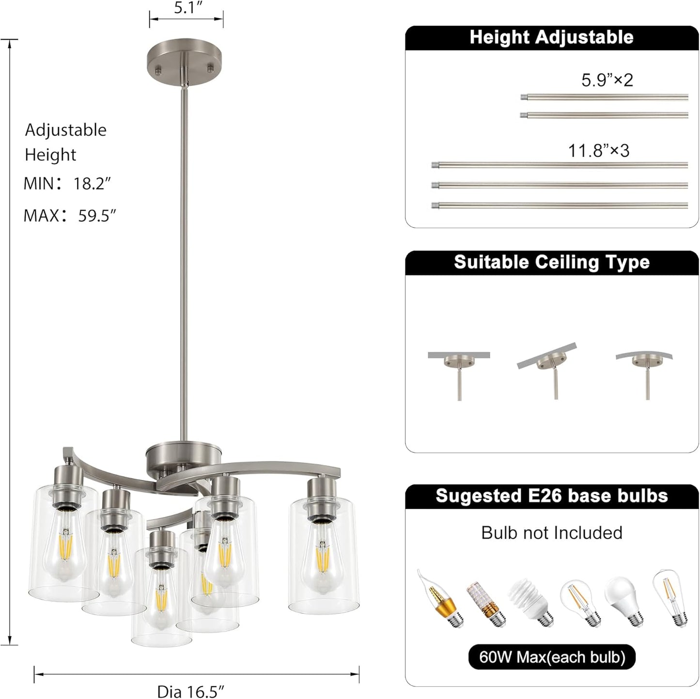 6 Light Modern Brushed Nickel Pendant Light Fixture For Dining Room，Contemporary Kitchen Light Fixtures Brushed Nickel，Adjustable Height Farmhouse Dining Chandeliers Over Table，With Glass Shade