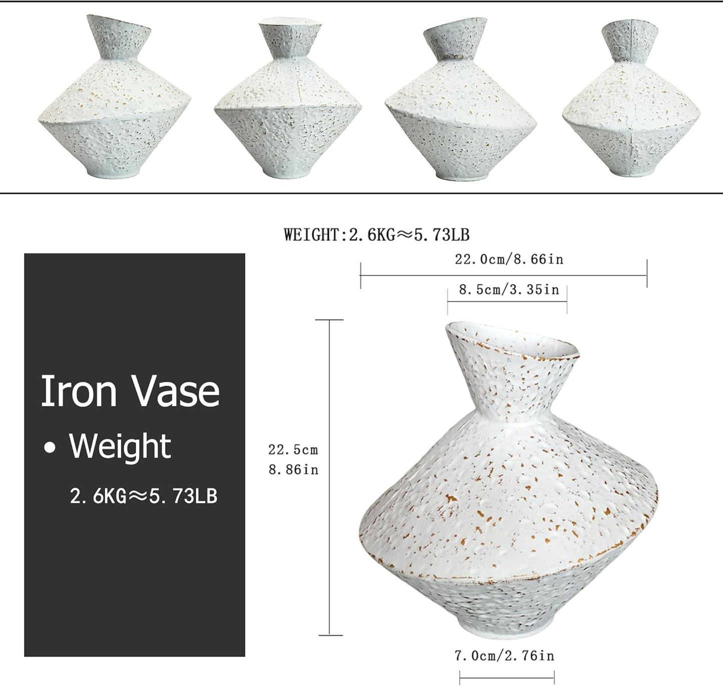 Cast Iron Decorative Vase, Dried Flower Rustic Vases, Wabi Sabi Vase for Modern Home Decor, Living Room, Shelf Decor, Enterway, Wedding, Office, Table, Bedroom, Kitchen, 8.86" H (White)