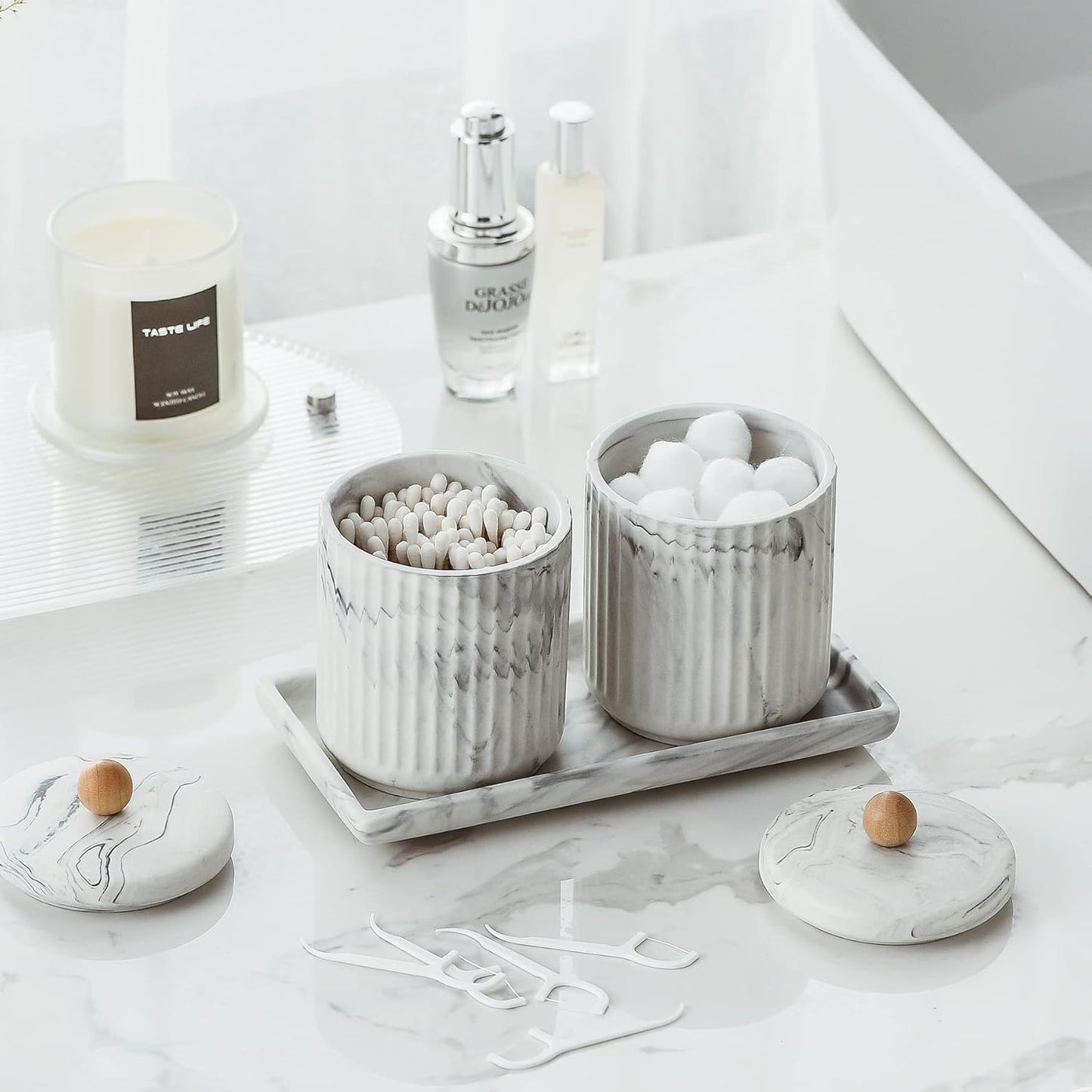 Marble Small Bathroom Jar Set ，Ceramic Cotton Swabs Holder with Lid and Dresser Organizer Set Tray for Storage and Organizing in Bathroom, Dresser, Kitchen, Office