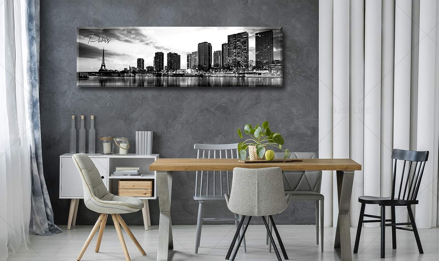 DJSYLIFE Paris Eiffel Tower Skyline Wall Art Black and White Modern City Night View Panoramic Cityscape Picture Paintings Canvas Prints Office Room Home Decoration Artwork Framed 13.8"X47.3"