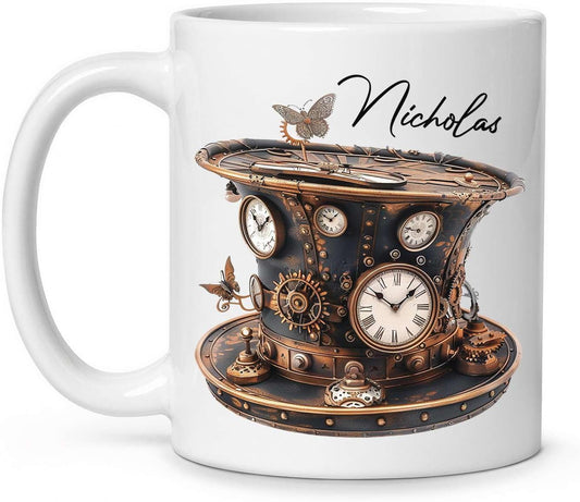 Personalized Coffee Mug Gift For Men, Customized Choose Name White Cup 11oz Or 15oz, Unique Steampunk Design Ceramic Cup, Custom Clock Themed Decorative Cup, Steampunk Decor Mug