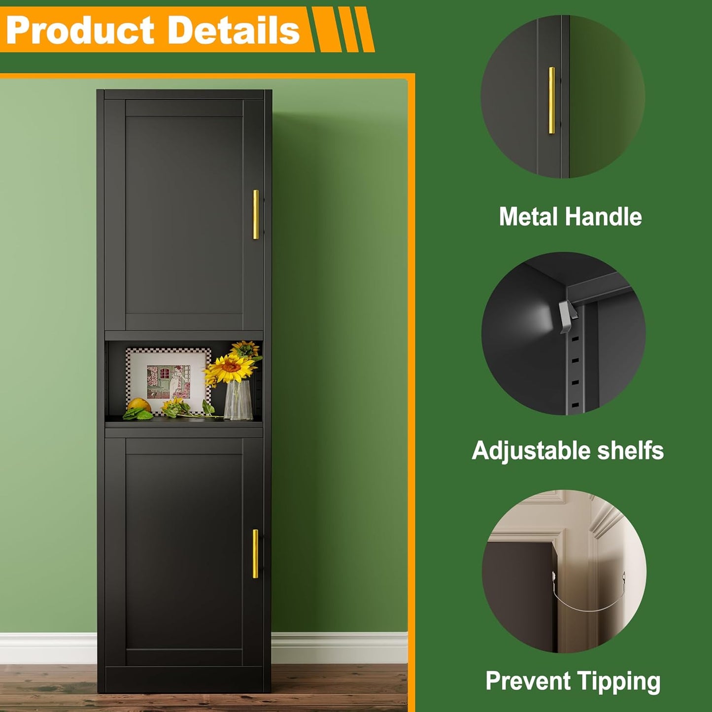 Tall Narrow Storage Cabinet 66.93" H Tall Bathroom Cabinet Metal Pantry Cabinets, 4 Adjustable Shelves for Kitchen, Home Office, Living Room, Dinning Room (20 inches Wide Black)