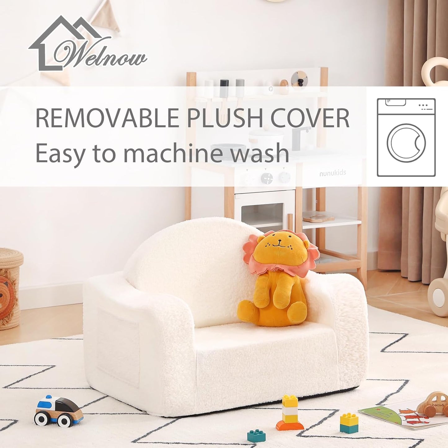 Welnow 2-in-1 Kids Sofa Chair, Convertible Toddler Chair Flip Out Children Sofa Chair with Wave Armrests Folding Kids Play Sofa with Side Pockets & Removable Cover Armchair for Girl or Boy