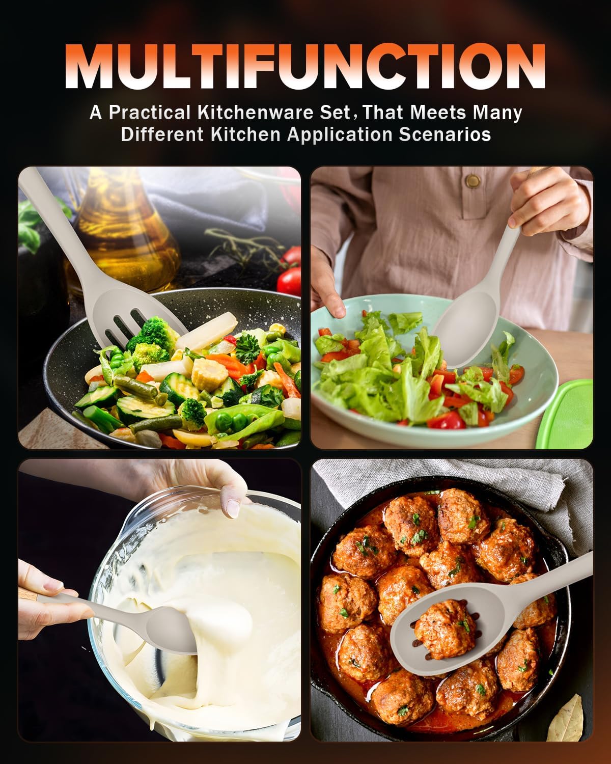 Silicone Cooking Spoons, Great for Scooping Sides and Serving Hearty Stews, BPA-Free Matte Silicone, Wooden Handle Serving Spoon for Nonstick Cooking Surfaces (Khaki)