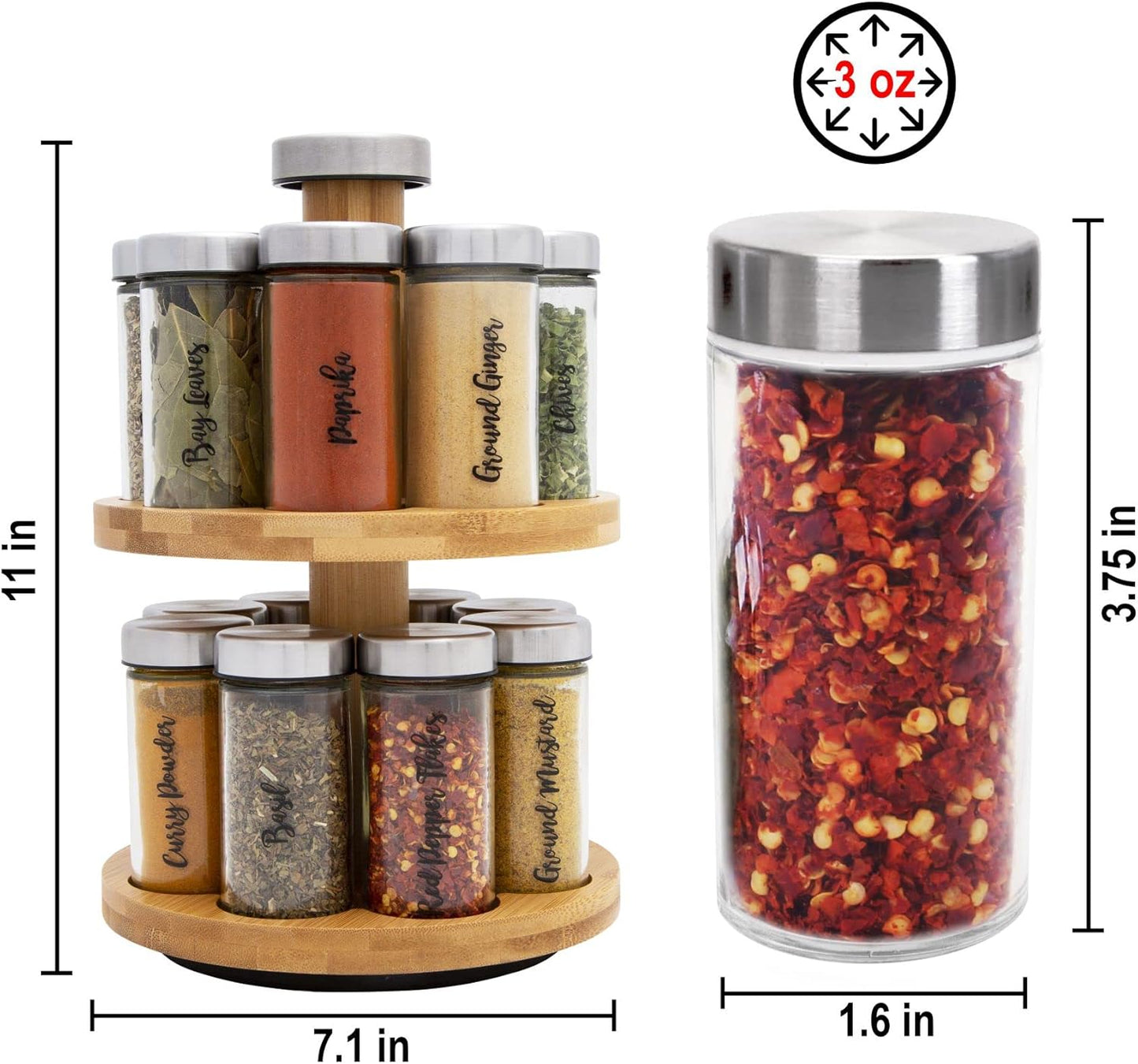Orii 16 Jar Spice Rack with Spices Included - Rotating Countertop 2 Tier Tower Organizer for Kitchen Spices and Seasonings, (Bamboo Wood)