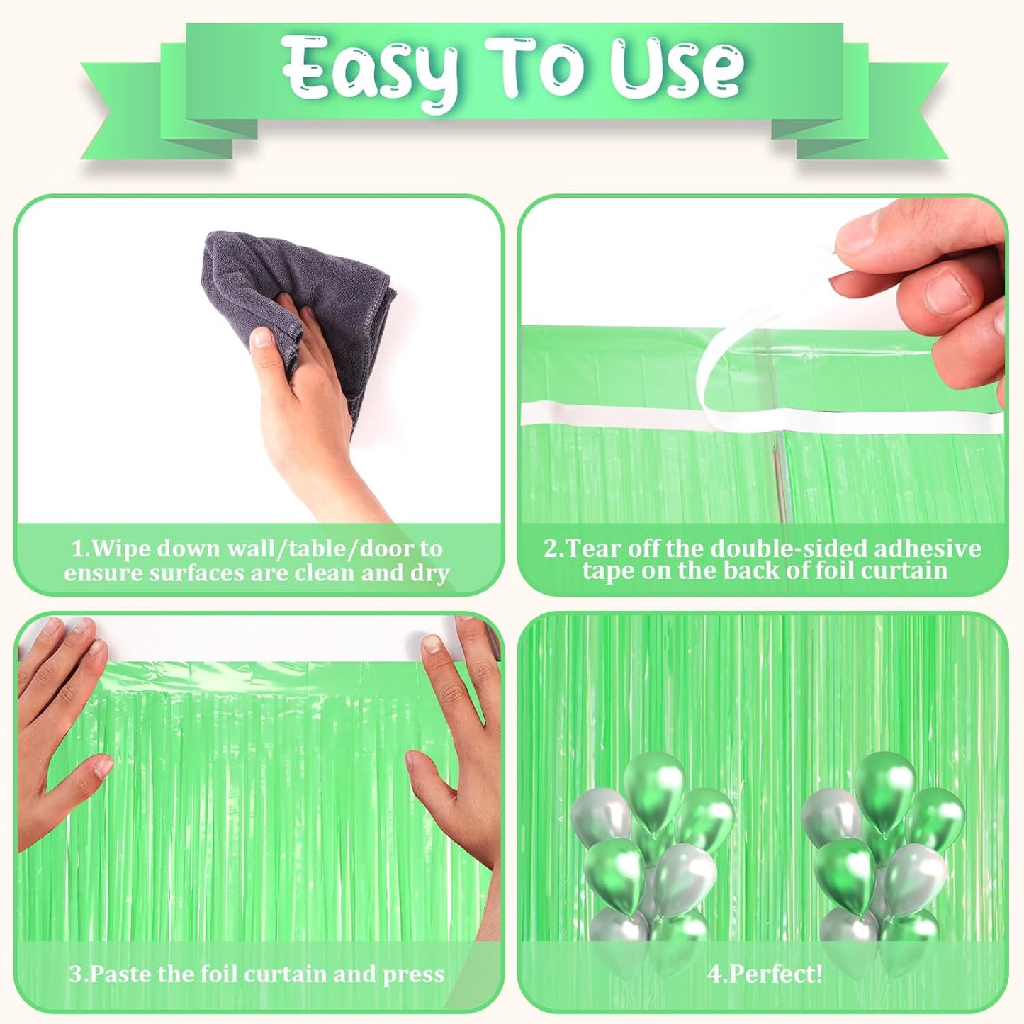 3 Pack 3.3 x 8.2 ft Pastel Green Foil Fringe Backdrop Curtains, Tinsel Streamers Party Decorations, Fringe Backdrop