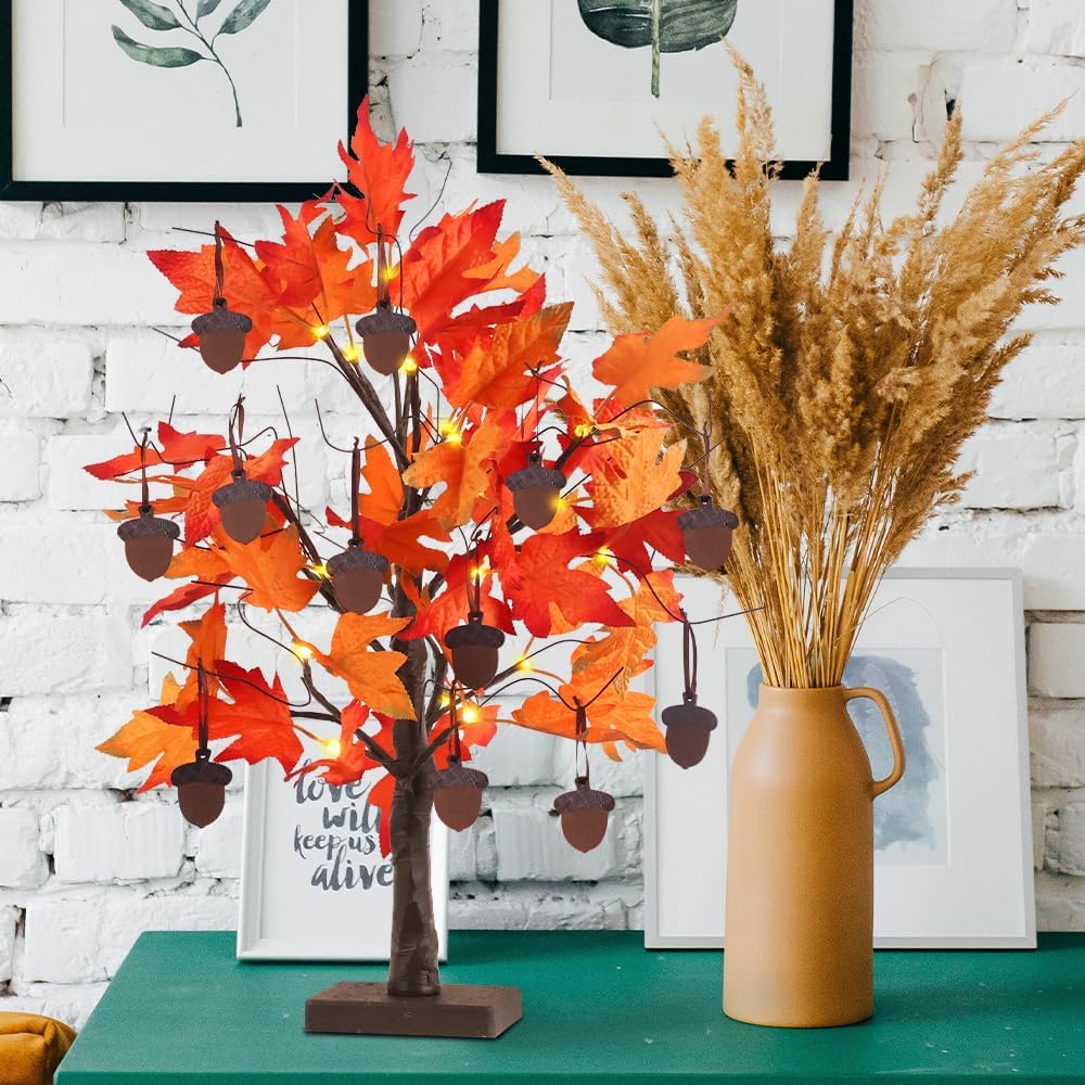 YEAHOME Fall Decorations for Home, Thanksgiving Decorations, 24”/2FT Lighted Fall Maple Leaves Tree with 24 LEDs for Autumn Decor, 12 Wood Acorns Ornaments Battery Powered Timer for Table Indoor