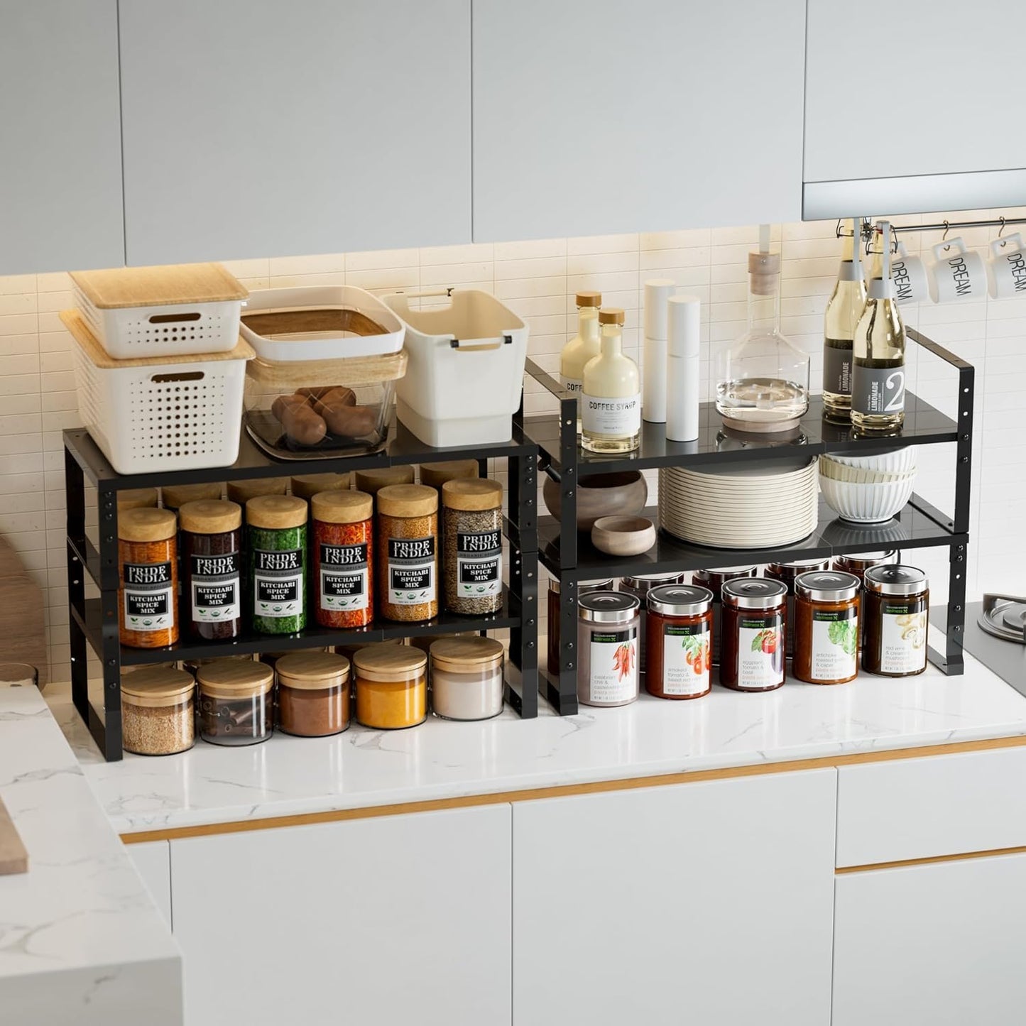 Expandable,Stackable Spice Rack,Seasoning Organizer and Storage,Spices Jar Racks for Cabinet,Countertop, Metal Pantry, Cupboard,Laundry Storages,Heavy Duty(1 Pack/Medium/Black)