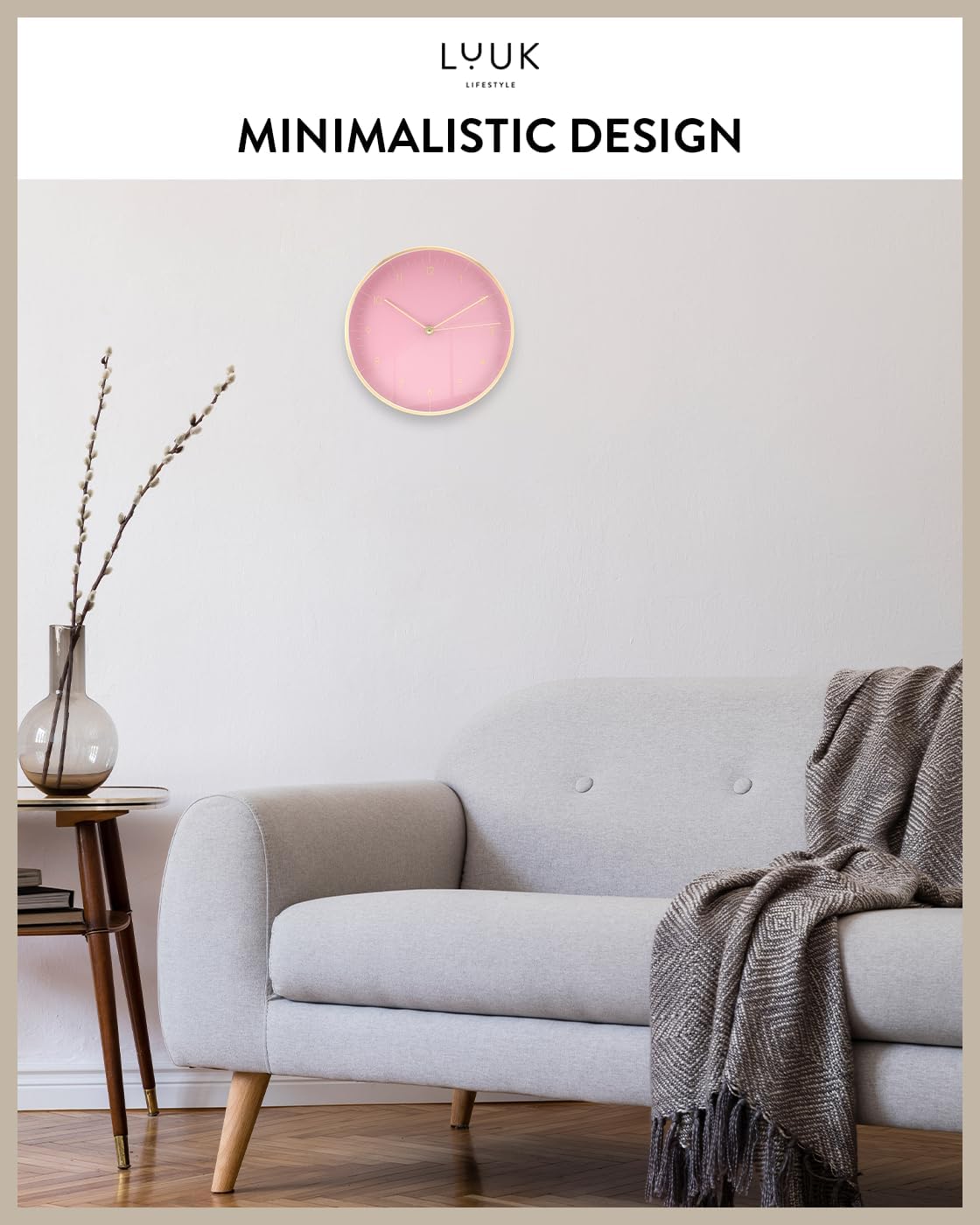 LUUK LIFESTYLE Elegant Wall Clock with Silent Movement, Modern and Minimalist Design, Gift idea for Moving-in, Decoration, in Pink and Gold