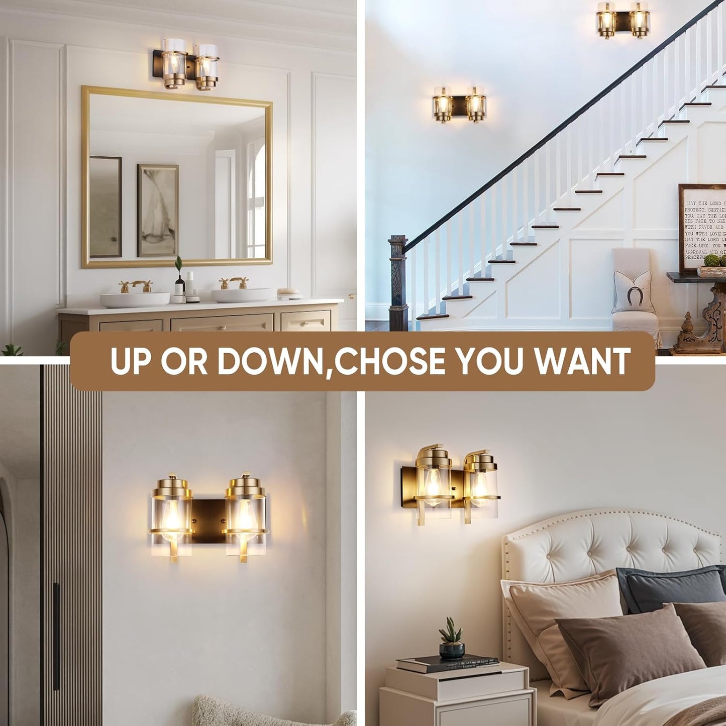 Bathroom Vanity Light Fixtures, Black Gold Vanity Lights for Bathroom 2 Lights,Gold Brushed Wall Sconce(Bulbs not Included)