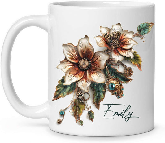 Customized Name Coffee Cup, Custom Steampunk Floral Design Cup, Personalized Flower Lover Ceramic Cup 11oz, White Mug Gift For Floral Enthusiasts, Steampunk Flower Cup For Birthday