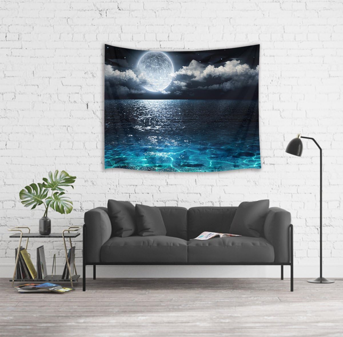 LB Moon Ocean Tapestry - Watercolor Blue Ocean and White Cloud Extra Large Wall Tapestry for Bedroom Starry Night Sky Wall Art for Bedroom Living Room Dorm Decor - 92.5Wx70.9H inches