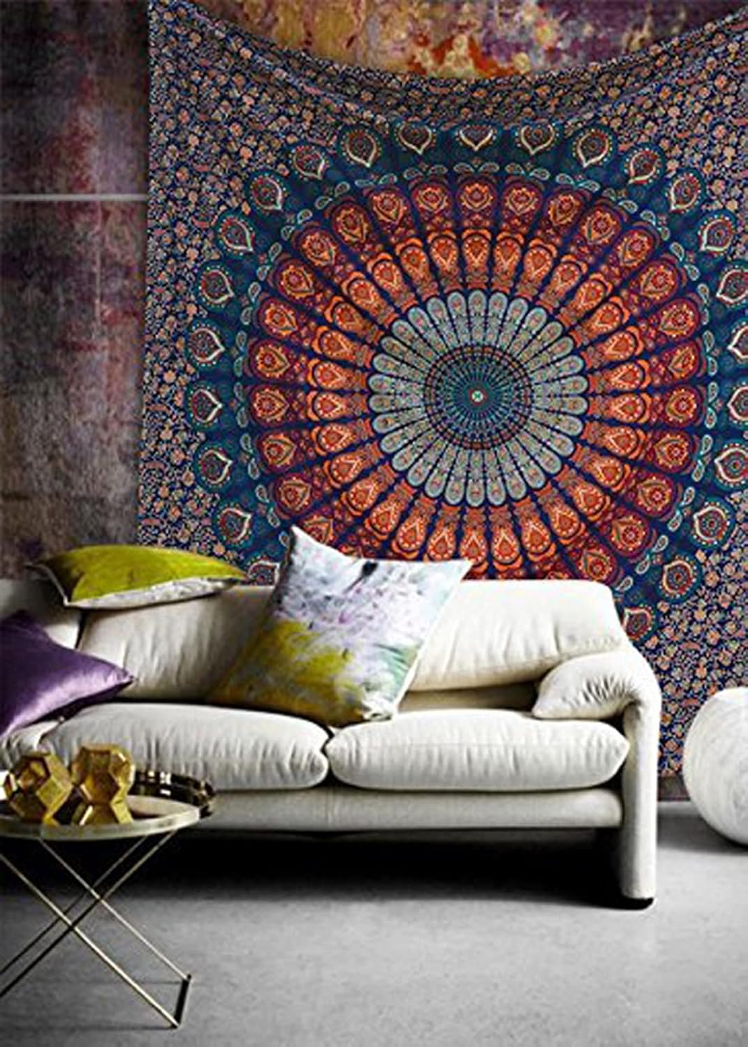 raajsee Blue Orange Tapestry Mandala Wall Hanging- Wall Tapestries For Bedroom - Aesthetic Tapestrys -Queen (82x92 Inches / 208x232 Cms)