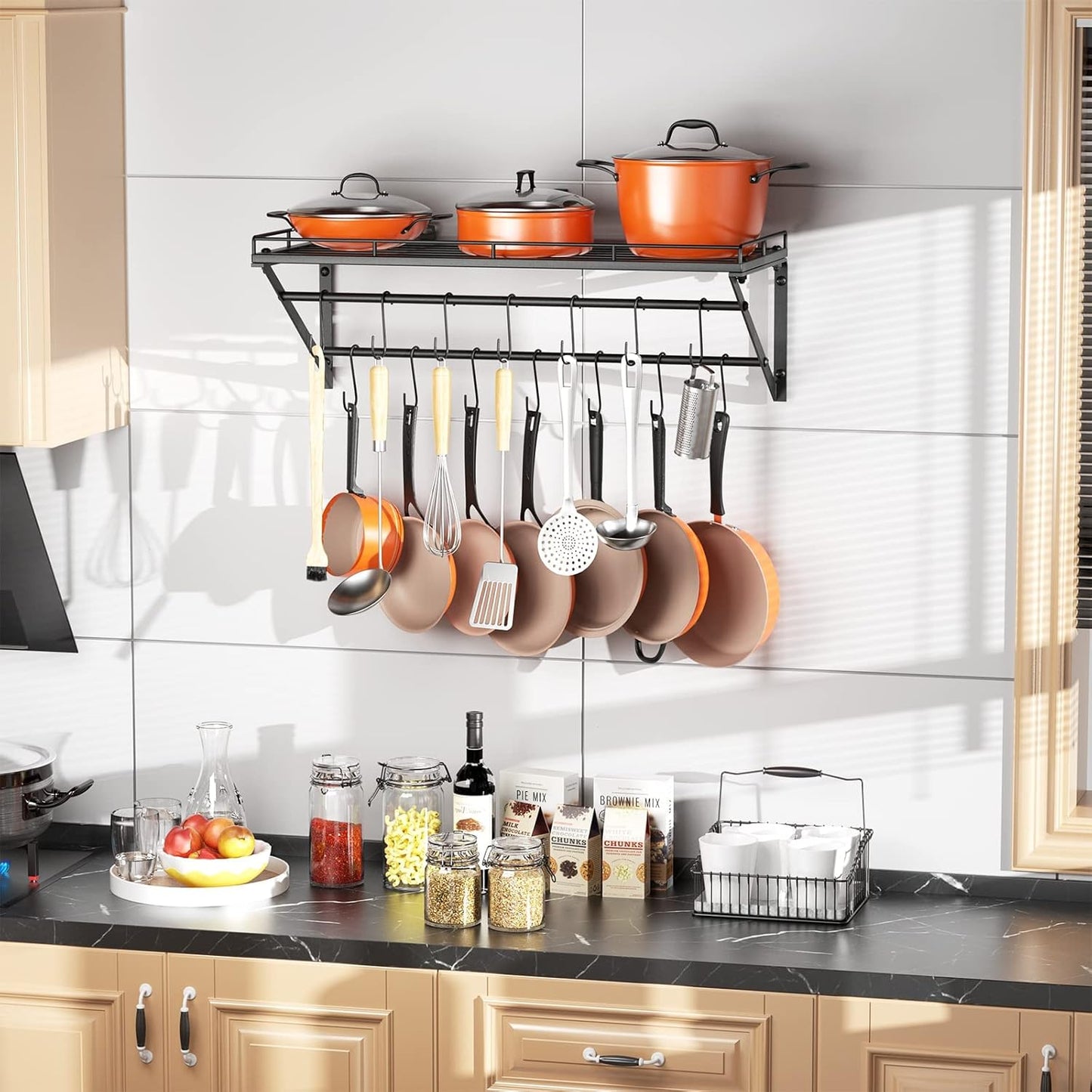 OROPY 31 Inch Wall Mounted Pot Rack Storage Shelf with 2 Tier Hanging Rails 14 S Hooks included, Ideal for Pans, Utensils, Cookware - Black