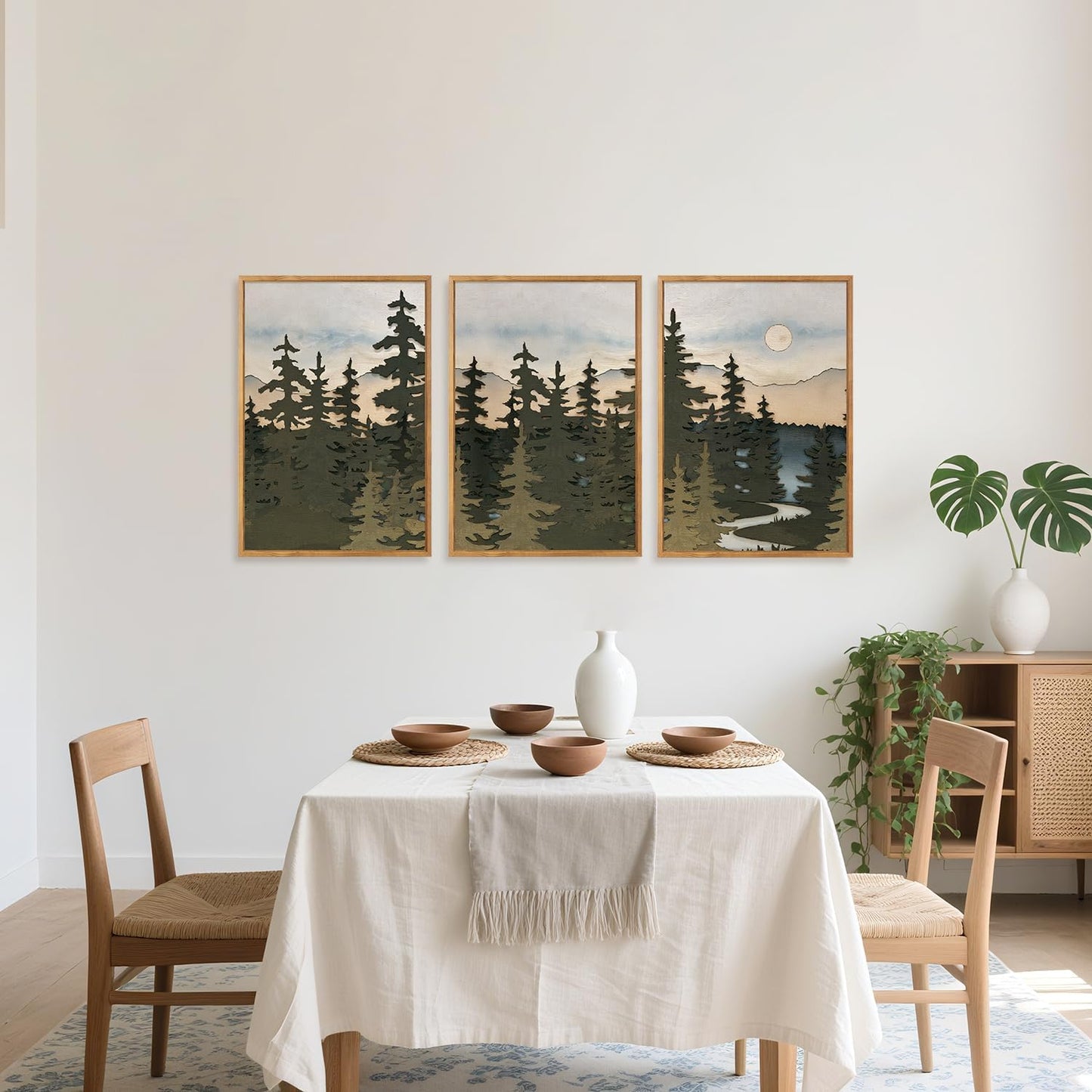 HPNIUB Vintage Mountain Framed Canvas Wall Art Set, Boho Sunrise Art Prints, Forest Nature Wilderness Art Paintings, Abstract Farmhouse Pine Tree Wall Decor for Living Room Bedroom, Office- 16"x24"x3