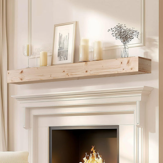 72x8x5 Fireplace Mantel - Handcrafted Hollow Rustic Solid Wood Wall Mounted Floating Shelf with Invisible Heavy Duty Wood Bracket (DIY Color)