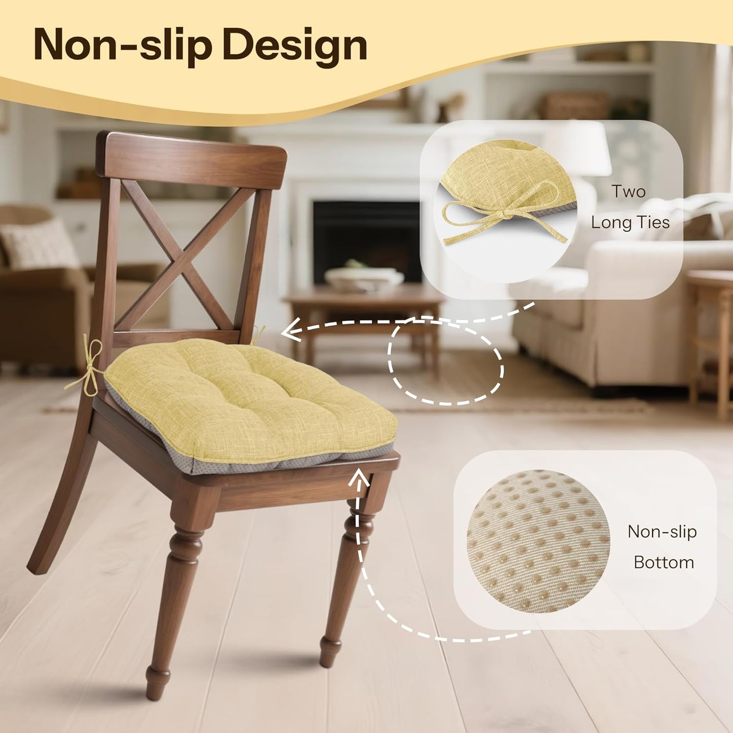 Non Slip Chair Cushions for Dining Chairs Set of 4 Kitchen Chair Cushions 18"x18"x3" Turfted Chair Pads Comfortable and Soft Seat Cushion with Ties, Yellow