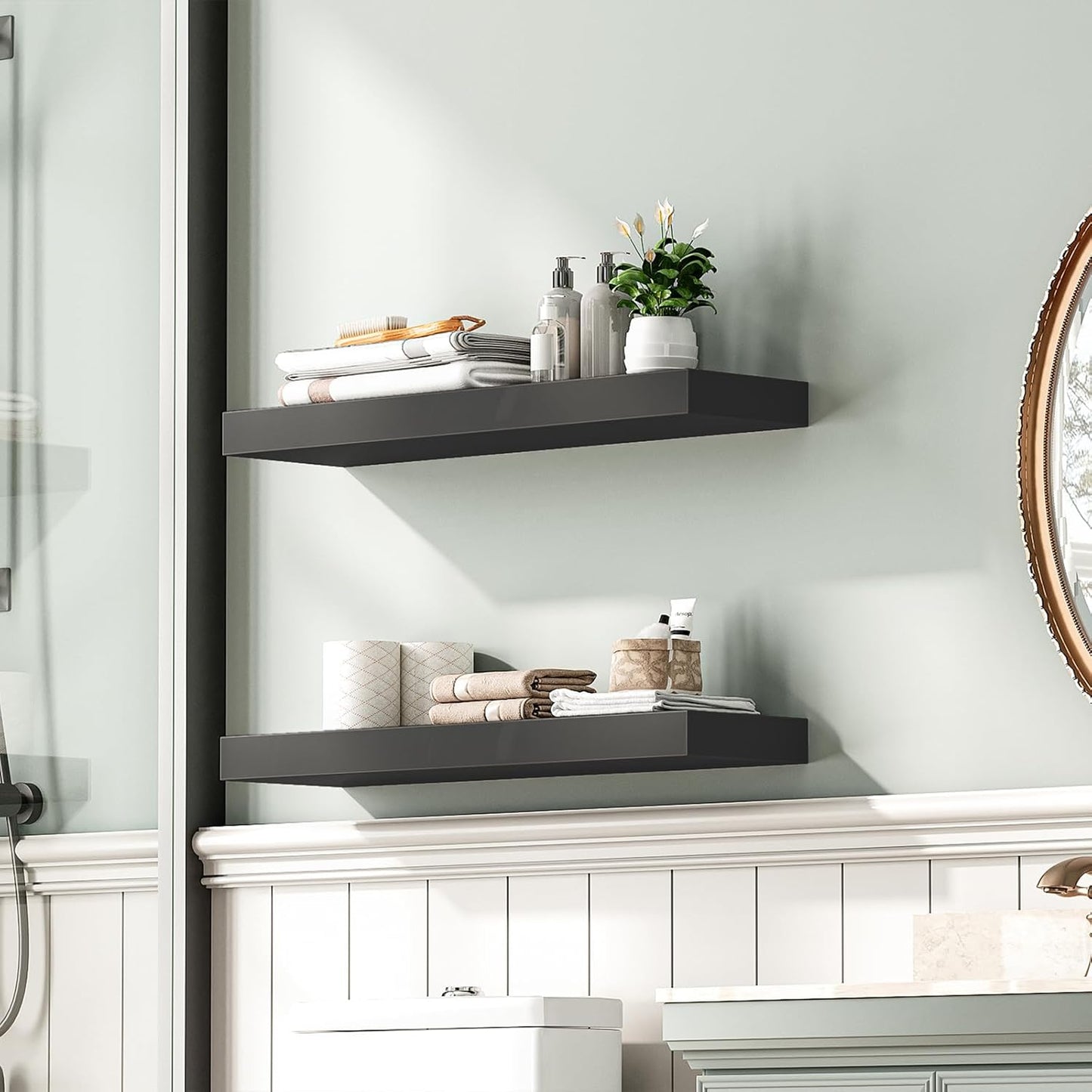 HOOBRO Floating Shelves for Wall, Wall Mounted Shelf Set of 2, 23.6" Hanging Shelf with Invisible Brackets, for Wall in Bathroom, Bedroom, Toilet, Kitchen, Living Room, Office, Black BK60BJ01