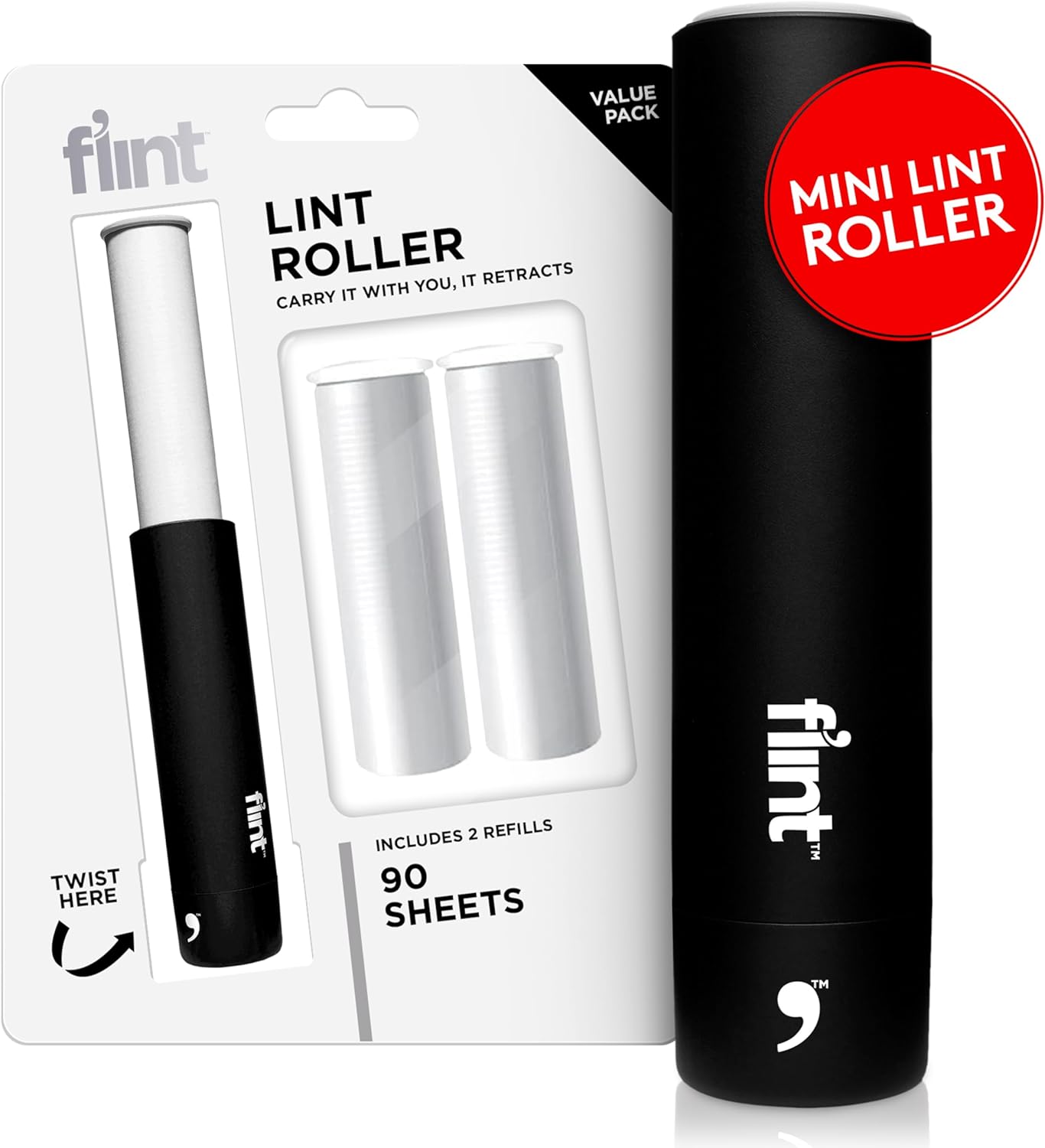 Flint Classic Black Retractable Mini Lint Roller with 90 Extra Sticky Sheets, Small and Portable Lint Roller, Ideal Pet Hair Remover, Travel Lint Rollers for pet Hair Extra Sticky