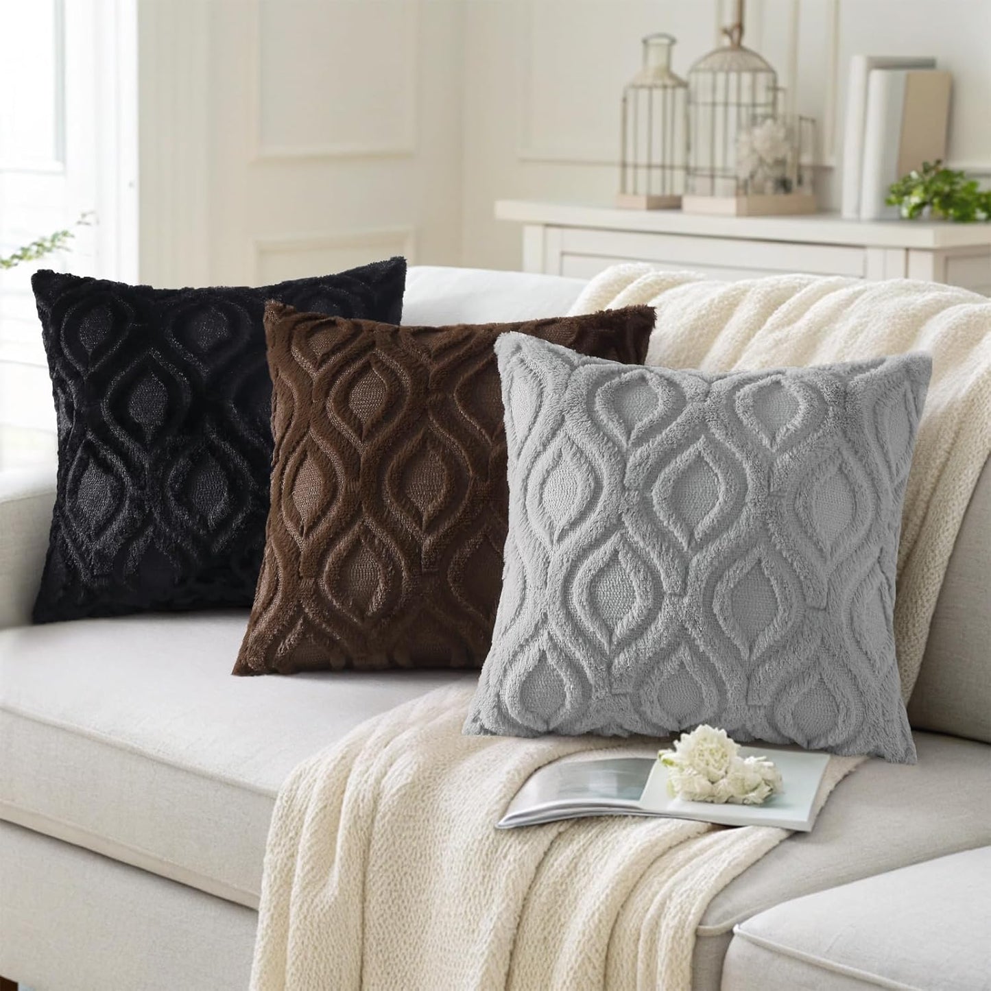 decorUhome Throw Pillow Covers 24x24 Inch Set of 2, Soft Plush Decorative Faux Fur Dark Brown Solid Couch Pillow Covers, Accent Farmhouse Neutral Square Euro Pillow Cases for Sofa Bed Living Room