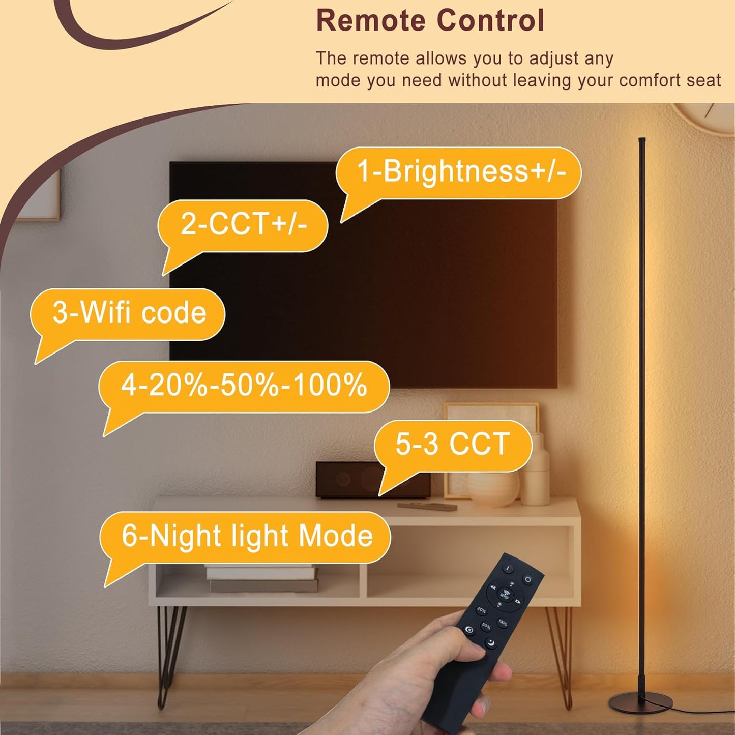 Modern Floor Lamps for Living Room, 56" LED Black Corner Lights with Remote, Dimmable, Floor Standing Lamp for Bedroom Home Office