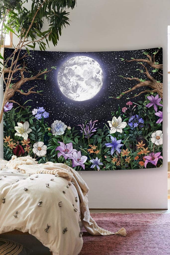 Neasow Aesthetic Moon Garden Tapestry Wall Hanging, Night Landscape with Colorful Plants Floral Tapestries for Bedroom Home Decor Multi Color 60×80 inch (150cm×200cm)