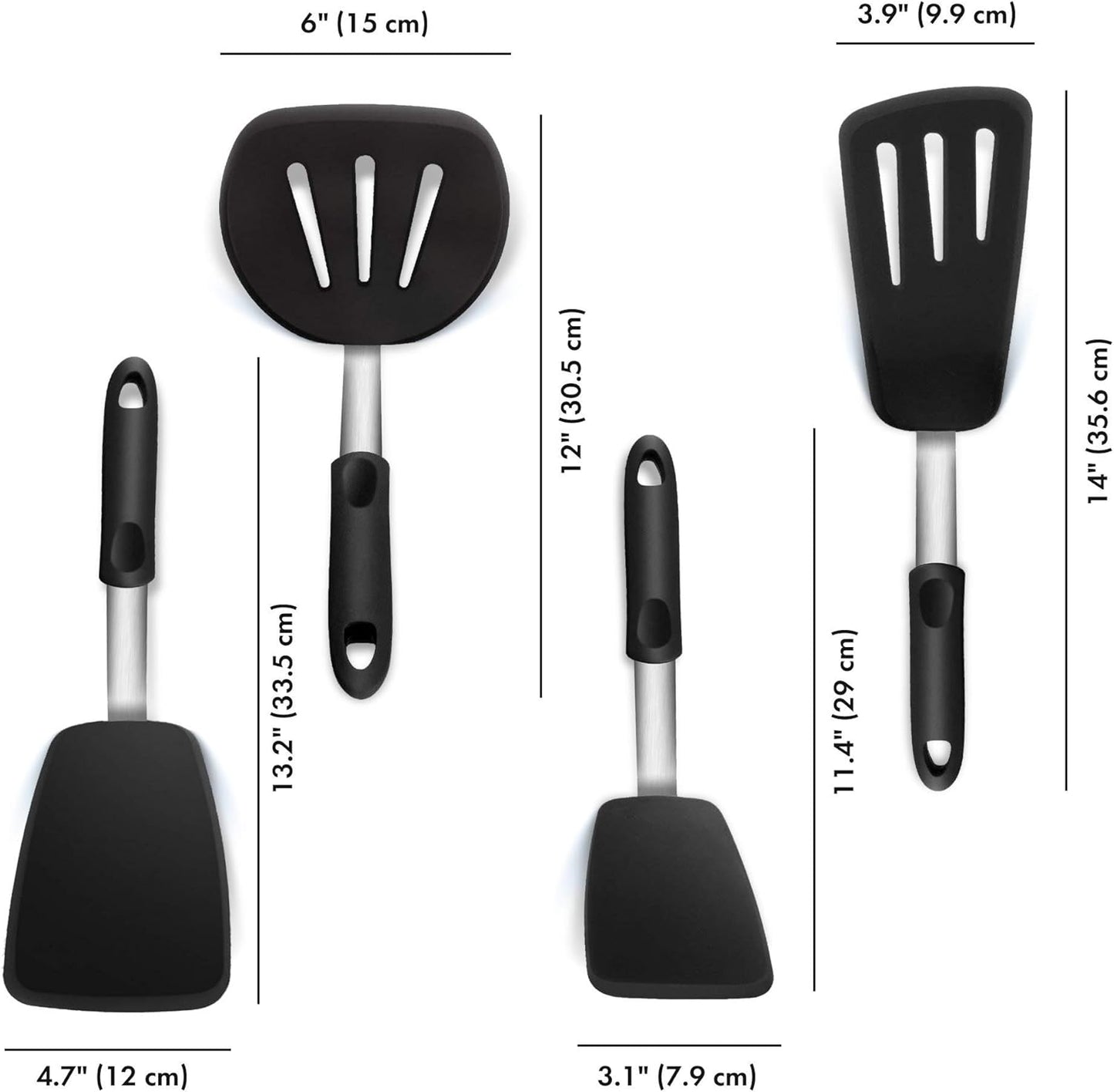 Set of 4 Silicone Spatula Utensils by Boxiki Kitchen. Professional Silicone and Stainless Steel Kitchen Spatula for Cooking, Pancakes, Eggs and Fish.