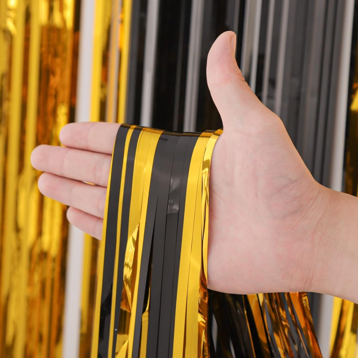 3 Pack 3.3x8.2 Feet Black and Gold Foil Fringe Backdrop Curtains, Tinsel Streamers Birthday Party Decorations, Fringe Backdrop for Graduation, Baby Shower, Gender Reveal, Disco Party