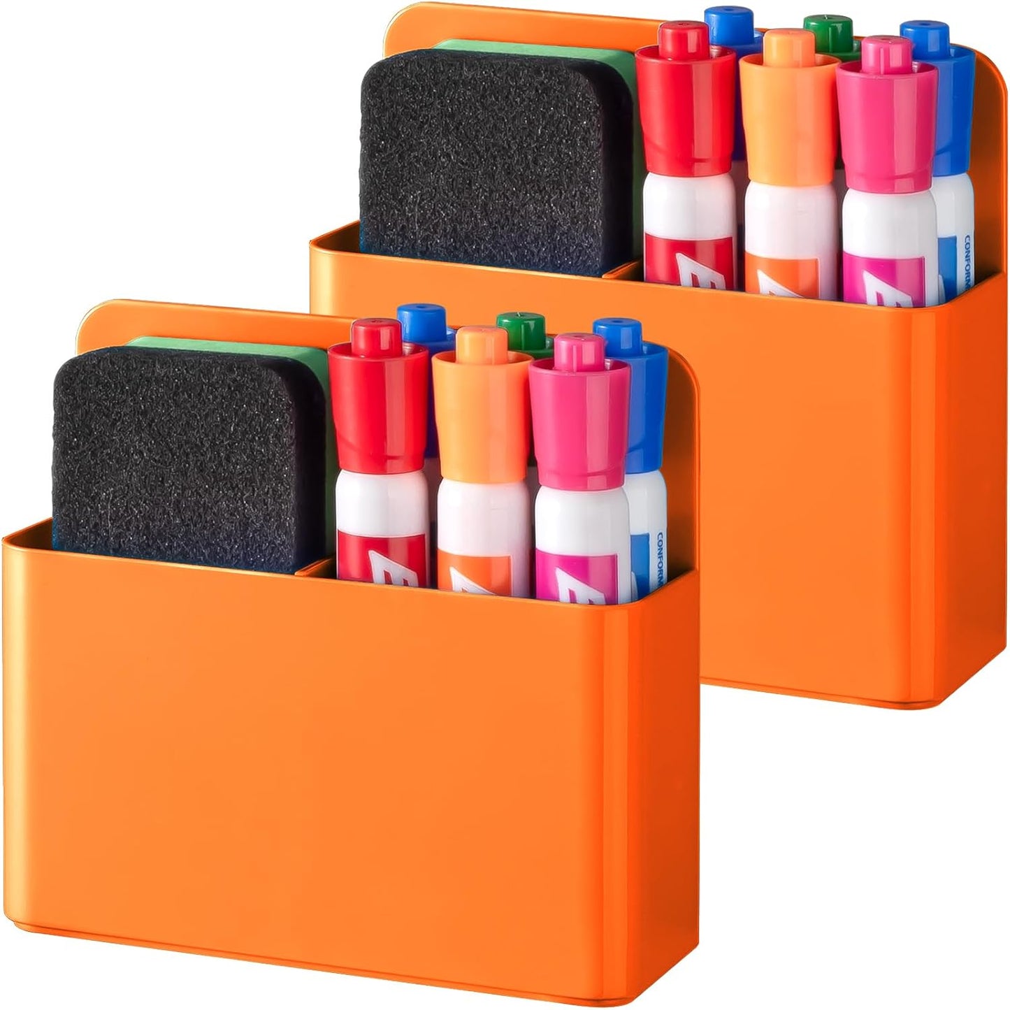 BEYGORM 2 Pack Plastics Magnetic Pen Holder for Refrigerator, Dry Erase Marker Holder for Whiteboard，Magnet School Locker Organizer Accessories, Pencil Cup, Pen Caddy, Classroom Organization(Orange)