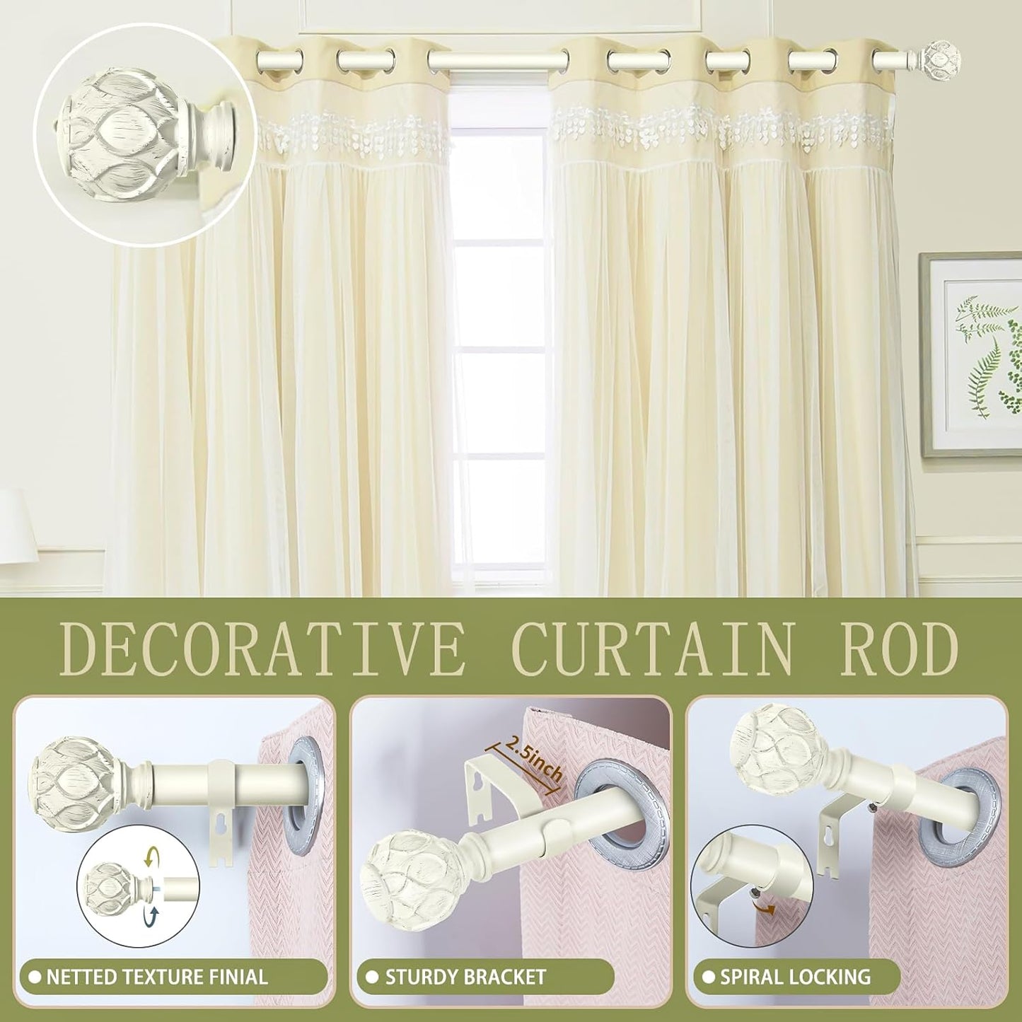 White Farmhouse Curtain Rods for Windows:72-144" Heavy Duty Adjustable Curtain Rod for Bedroom Living Room,Boho Decorative Rustic Drapery Rods with Vintage Coastal Texture Finial,Antique White