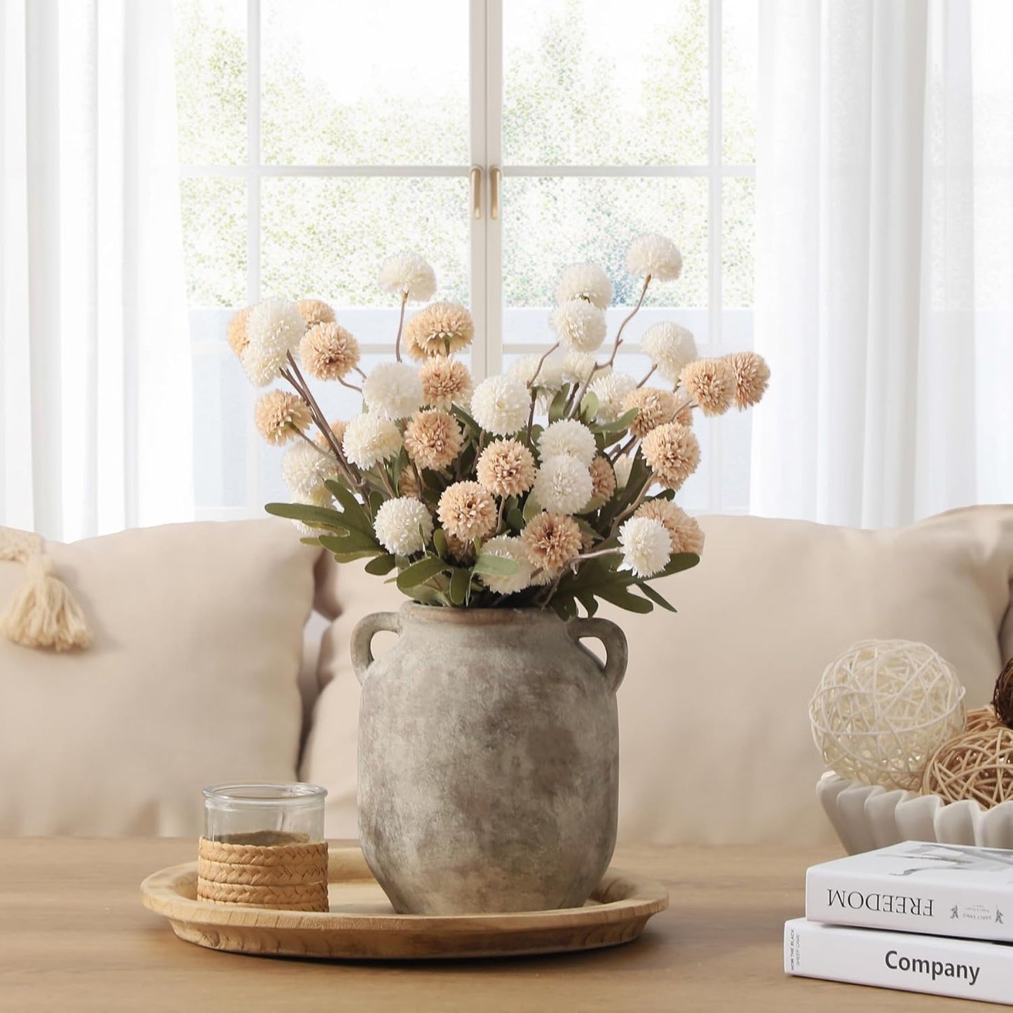 Ceramic Flower Vase Home Decor - 7.6 Inch Farmhouse Rustic Table Vases with Handle Living Room Decoration Decorative Vintage Pottery for Kitchen Shelf Coffee Dining Bookshelf Fireplace Centerpiece