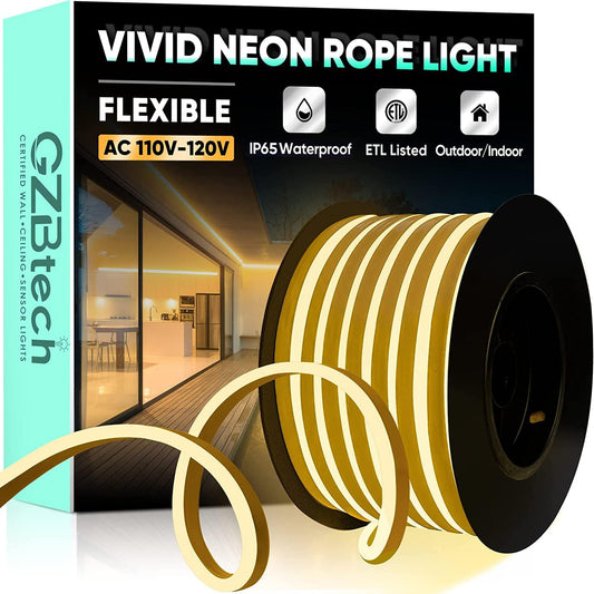 GZBtech Flexible LED Neon Rope Lights 50FT,AC 110-120V Waterproof Strip Light, 120 LEDs/M Cuttable Connectable Neon Lighting for Indoor Outdoor Home Decor/Commercial Building Use-Warm White 15M