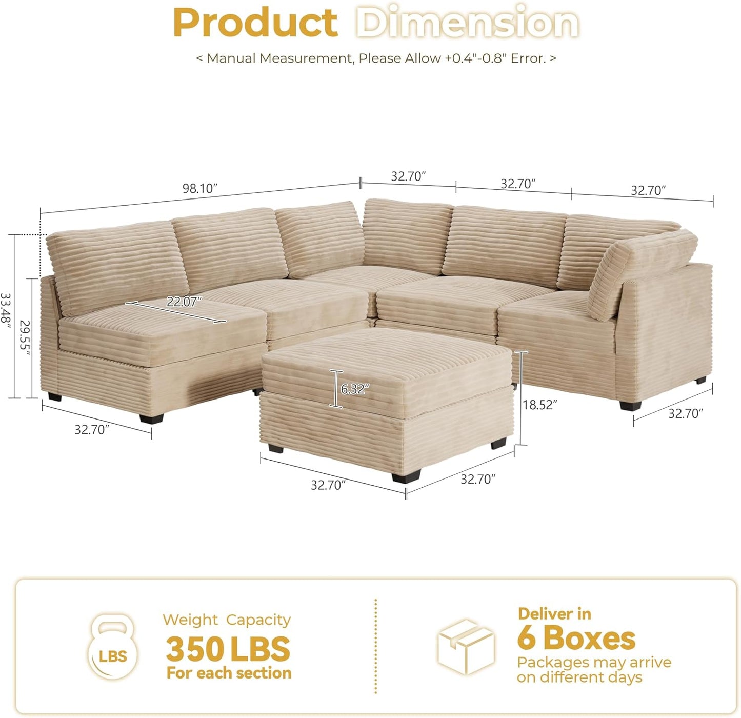 HOOOWOOO Modular Sectional Sofa,6 Pieces Sectional Couches for Living Room,98X98 L Shaped Cloud Couch with Ottoman Chaise Set(Beige Velvet Corduroy)